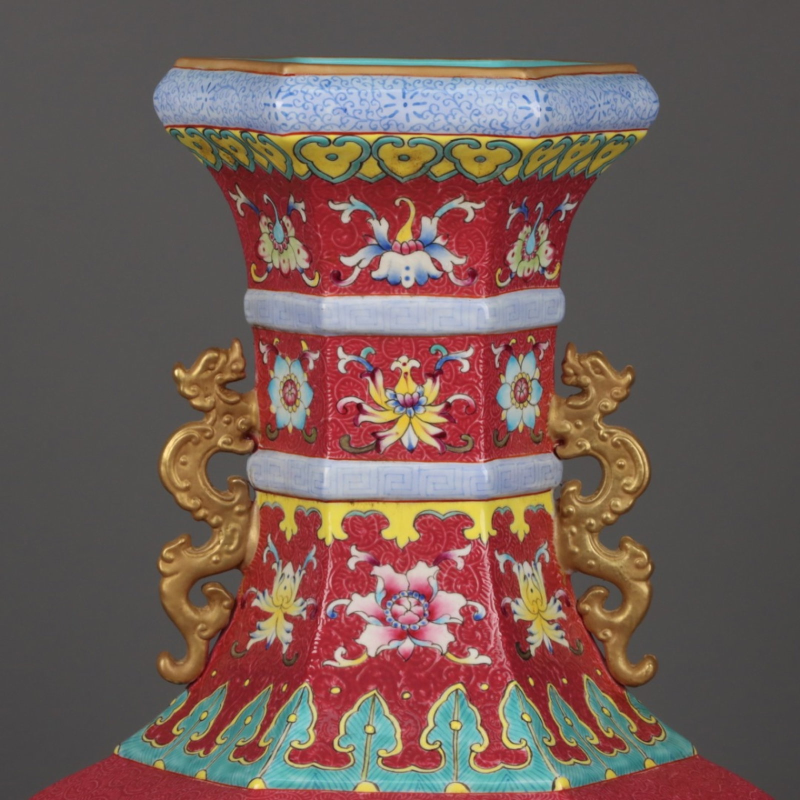 A Huge Ruby Red-Glazed Enamel Gilt Flower Pattern Double-Ears Vase - 4
