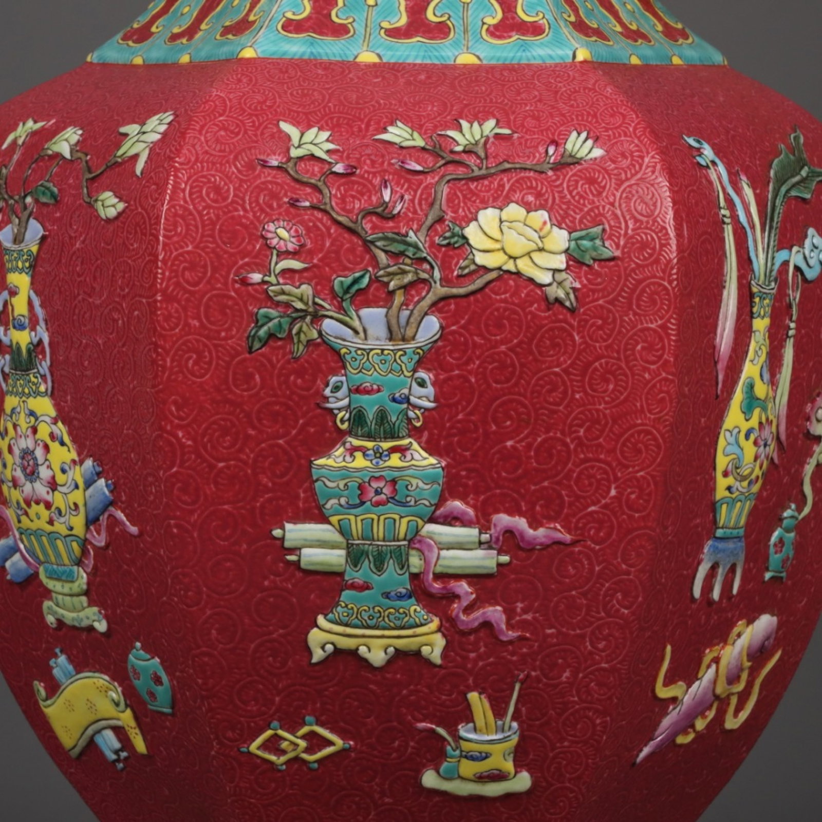A Huge Ruby Red-Glazed Enamel Gilt Flower Pattern Double-Ears Vase - 5