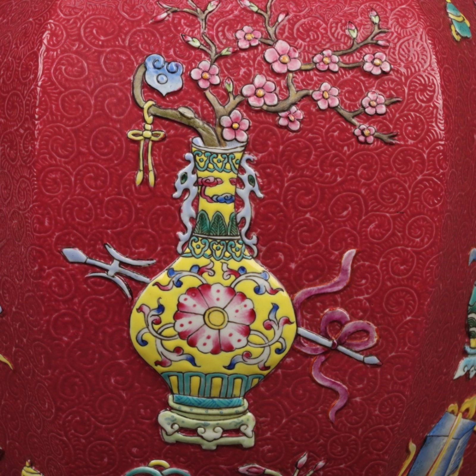 A Huge Ruby Red-Glazed Enamel Gilt Flower Pattern Double-Ears Vase - 7