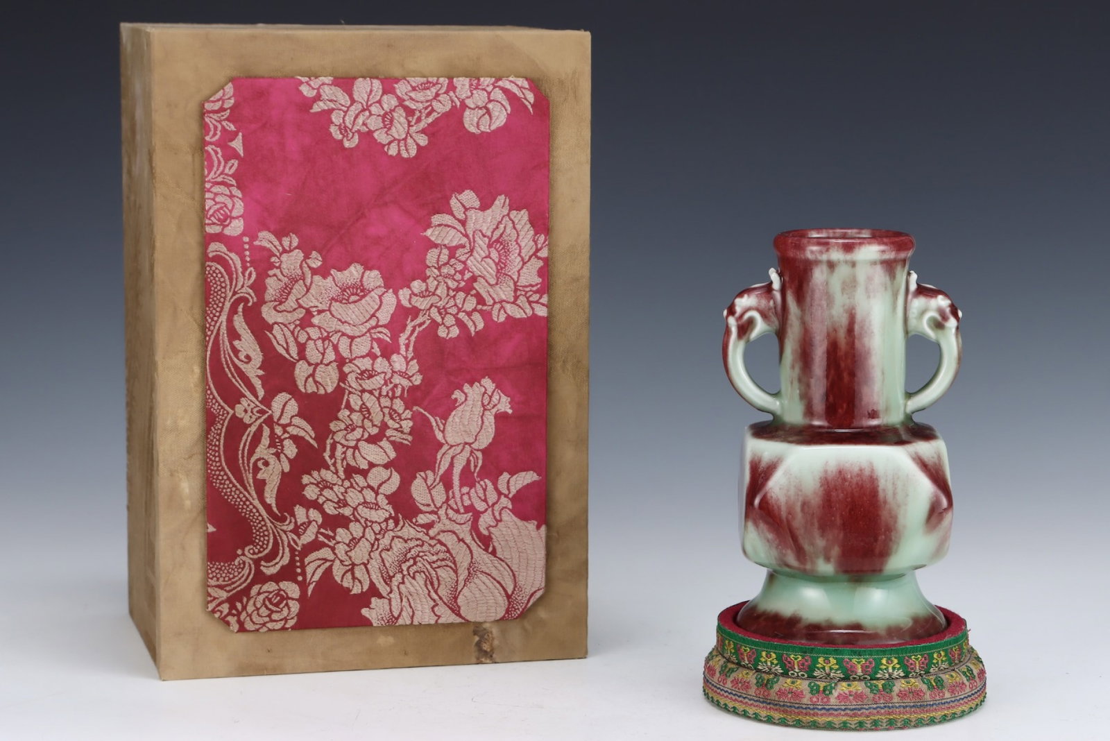 An Exquisite Flambe Glazed Beast-Ears Vase: An Exquisite Flambe Glazed Beast-Ears Vase,Qing Dynasty,China,Qianlong Six-character Mark,Size:6.8inx3.9in 窑变釉兽耳瓶,中国清代,乾