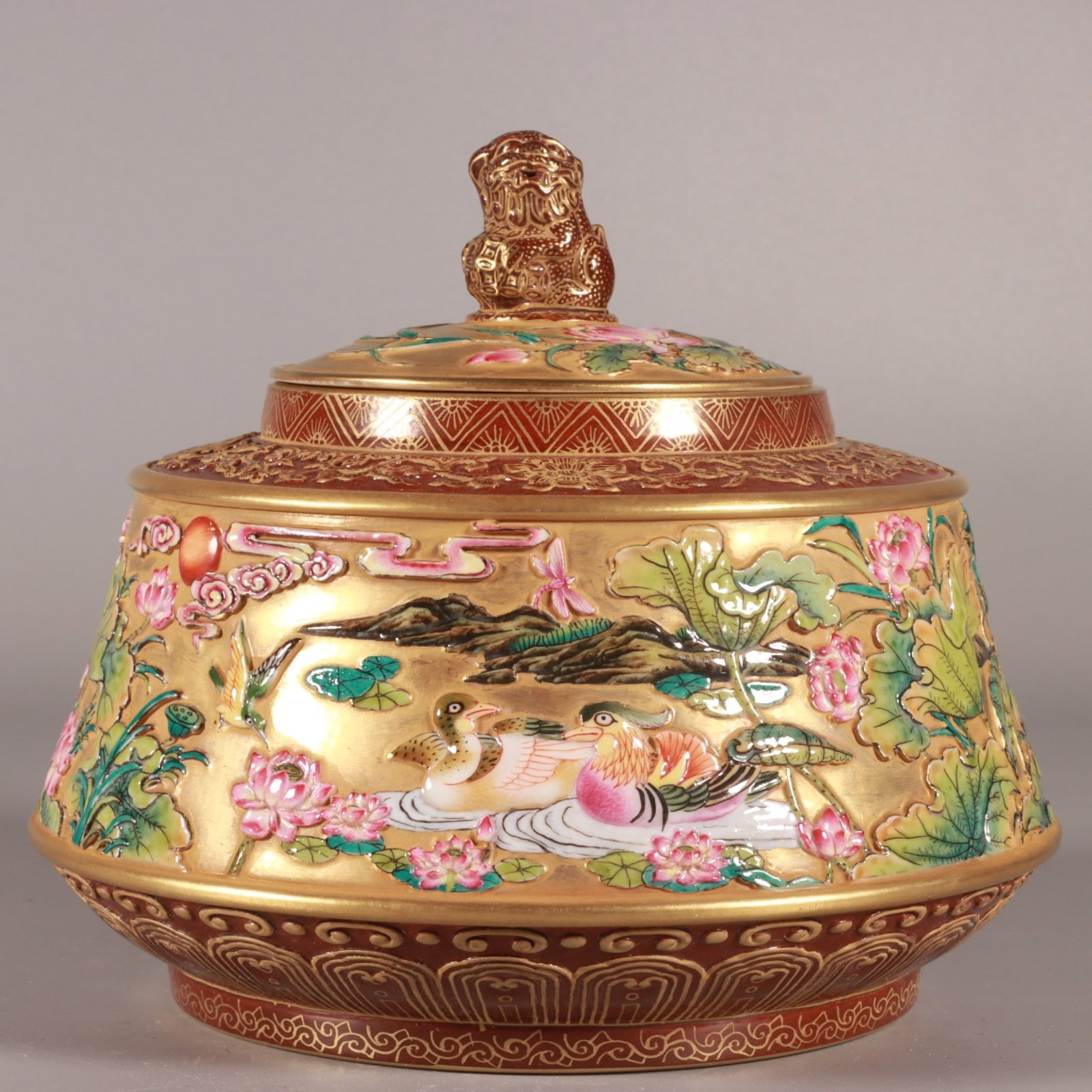 An Exquisite Gold Ground Enamel Flower and Mandarin Duck Pattern Censer: An Exquisite Gold Ground Enamel Flower and Mandarin Duck Pattern Censer,Qing Dynasty,China,Qianlong Six-character Mark,Size:5.1inx5.9in 金地珐琅彩花卉鸳