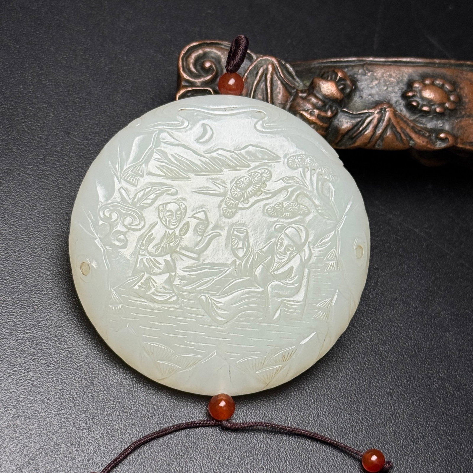 An Exquisite White Jade Character and Story Pattern Pendant,with poem: An Exquisite White Jade Character and Story Pattern Pendant,with poem,Qing Dynasty,China,Size:2.2inx0.4in,Weight:65g