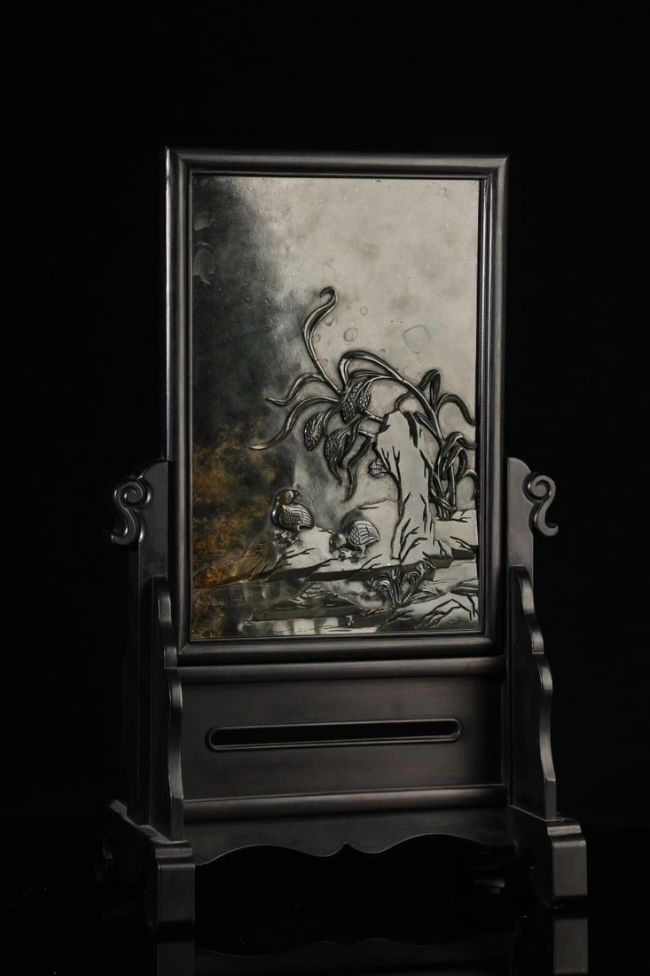 A Huge Zitanwood Inlaid Jasper Flower and Bird Pattern Table Screen,with poem (1 of 9)
