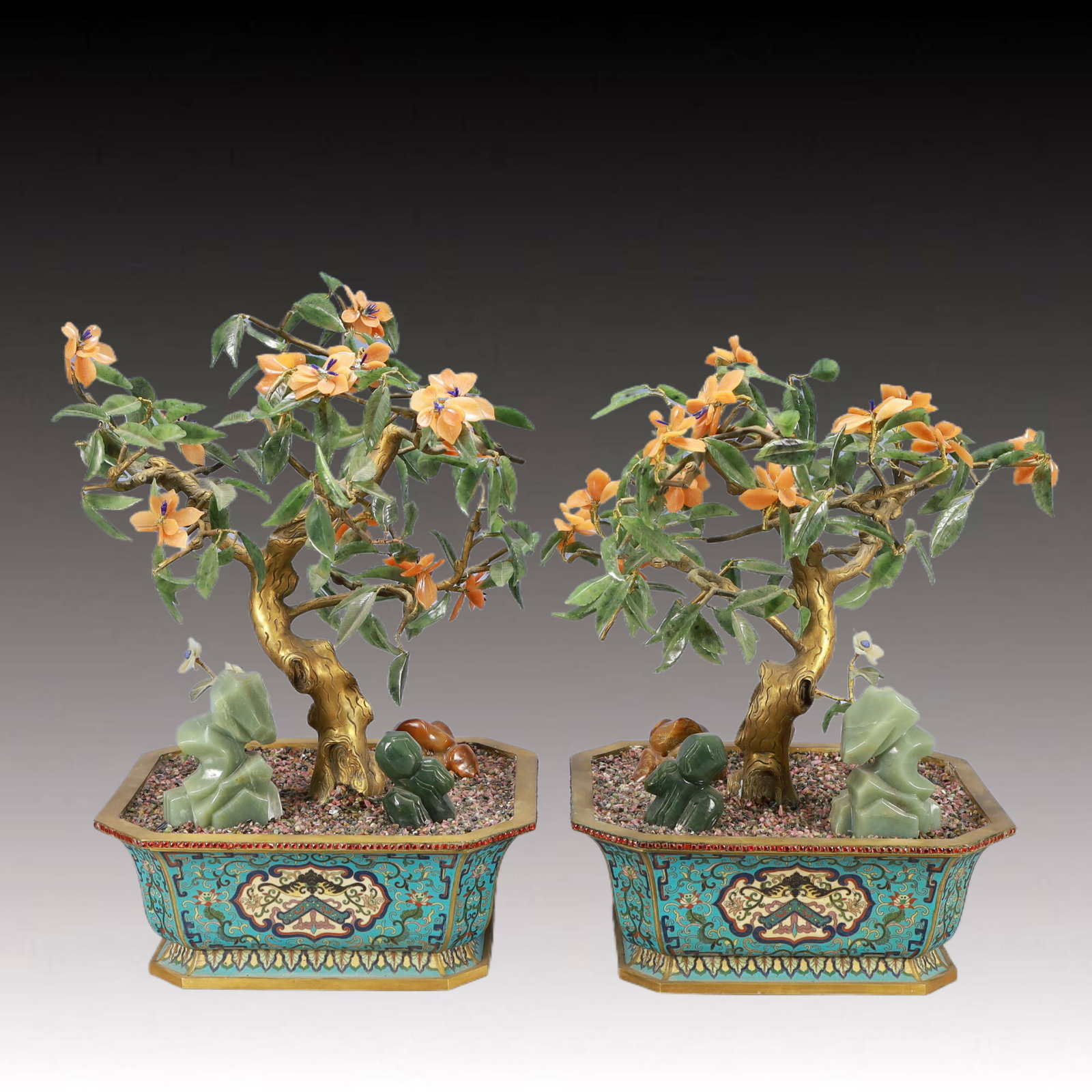 A Pair of Rare Cloisonne Inlaid Jade Bonsai Ornaments (1 of 14)