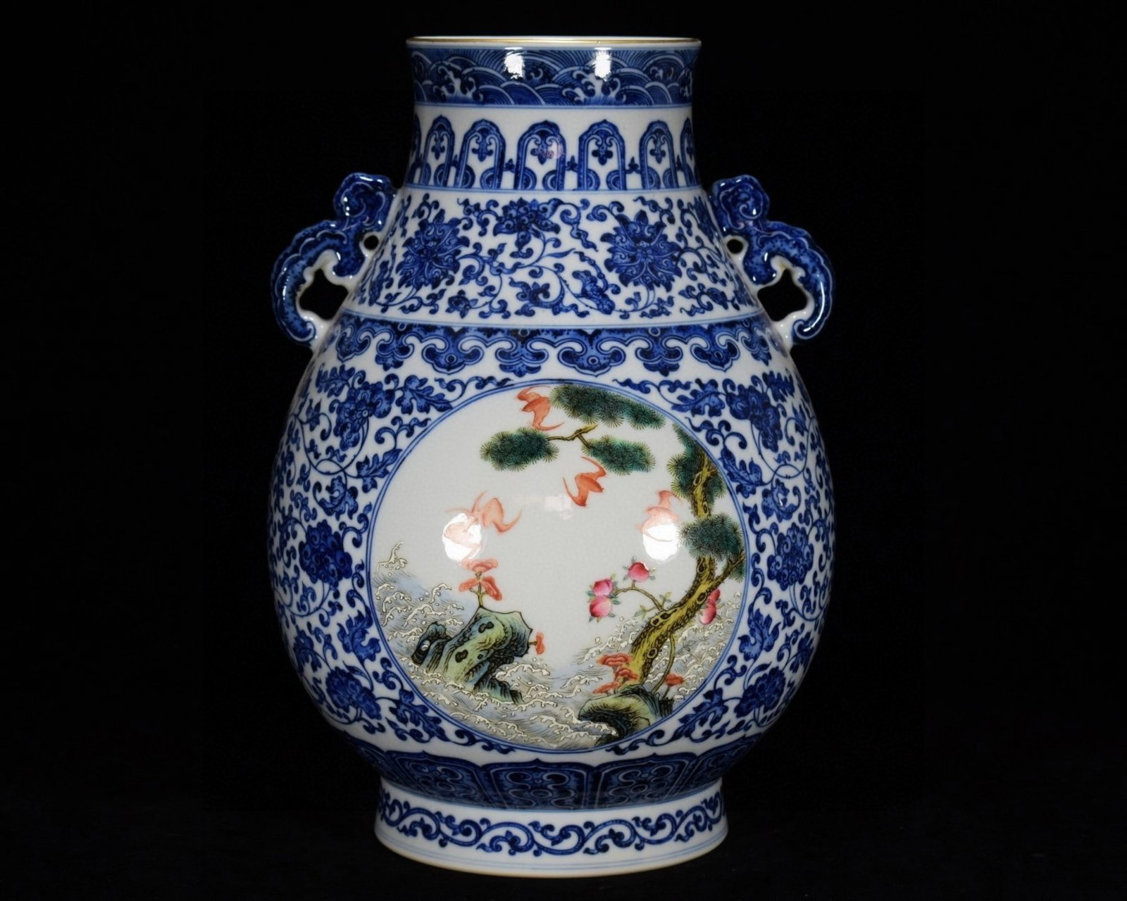 A Rare Blue and White Famille-Rose Lotus Pattern Double-Ears Vase: A Rare Blue and White Famille-Rose Lotus Pattern Double-Ears Vase,Qing Dynasty,China,Qianlong Six-character Mark,Size:14.6inx10.6in 青花粉彩缠枝莲纹
