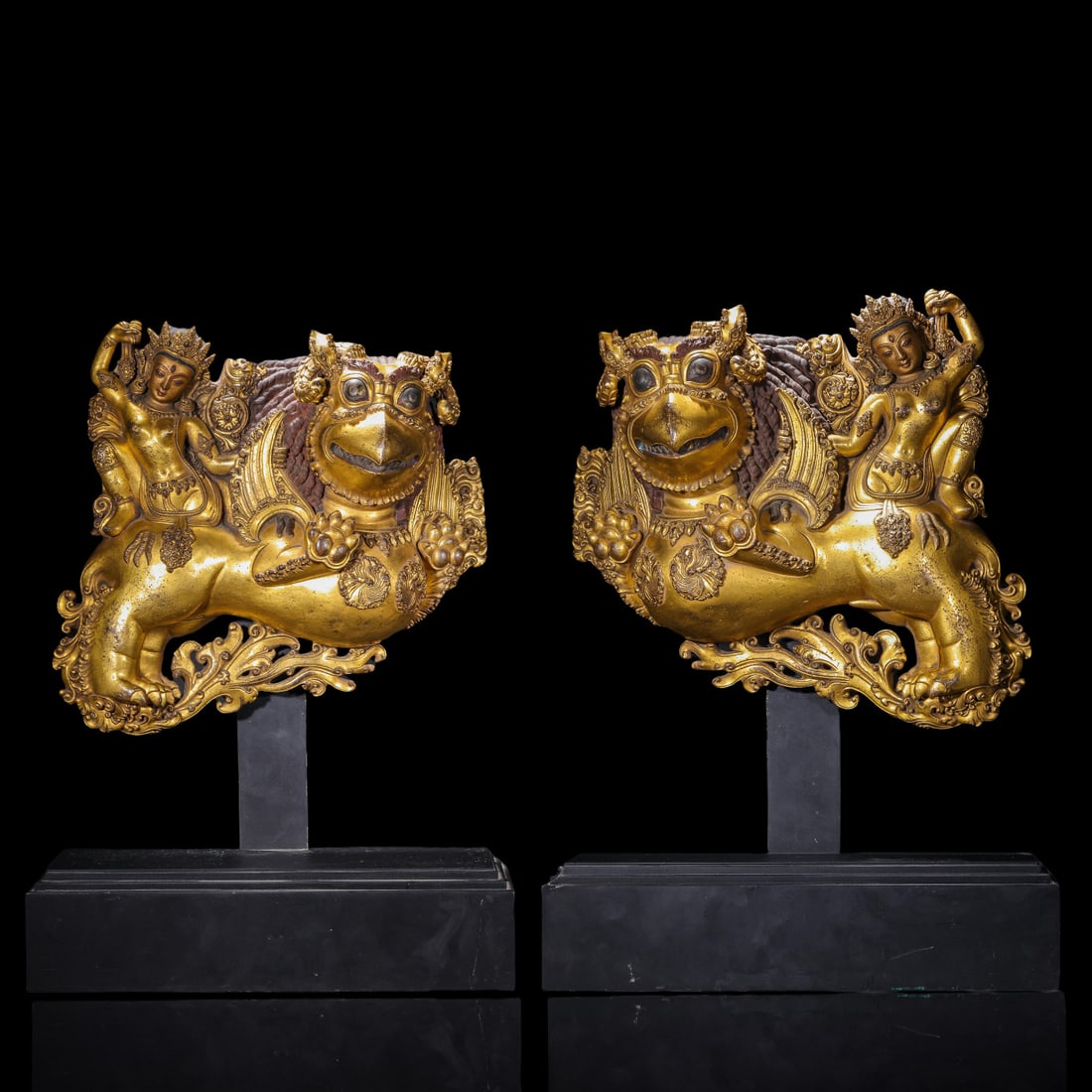 A Pair of Solemn Gilt Bronze Auspicious Beast Ornaments: A Pair of Solemn Gilt Bronze Auspicious Beast Ornaments,Ming Dynasty,China,Size:13.8inx6.7inx13.8in,Weight:9650g