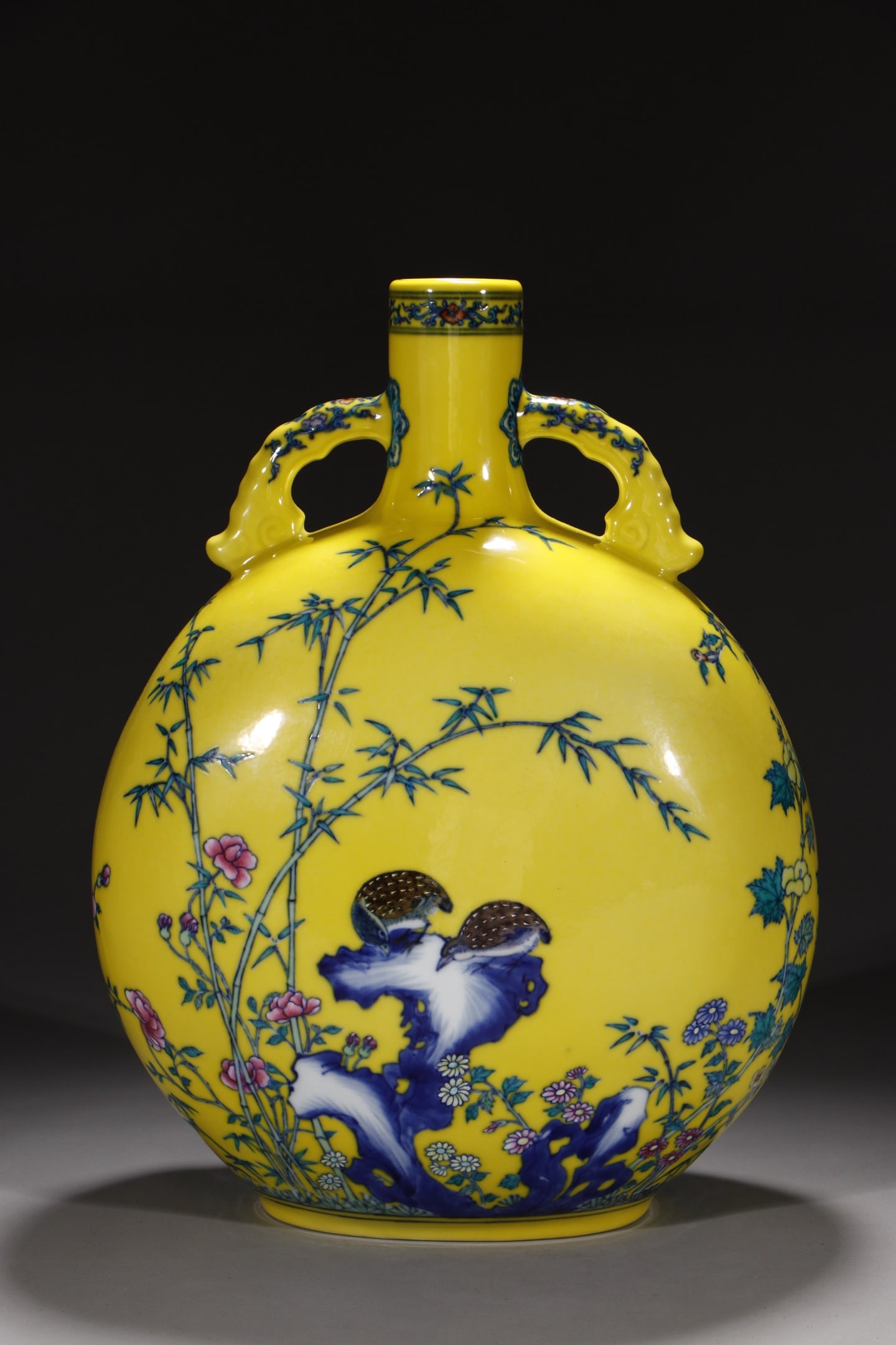 A Rare Yellow Ground Doucai Famille-Rose Flower and Bird Pattern Double-Ears Vase: A Rare Yellow Ground Doucai Famille-Rose Flower and Bird Pattern Double-Ears Vase,Qing Dynasty,China,Yongzheng Six-character Mark,Size:14in