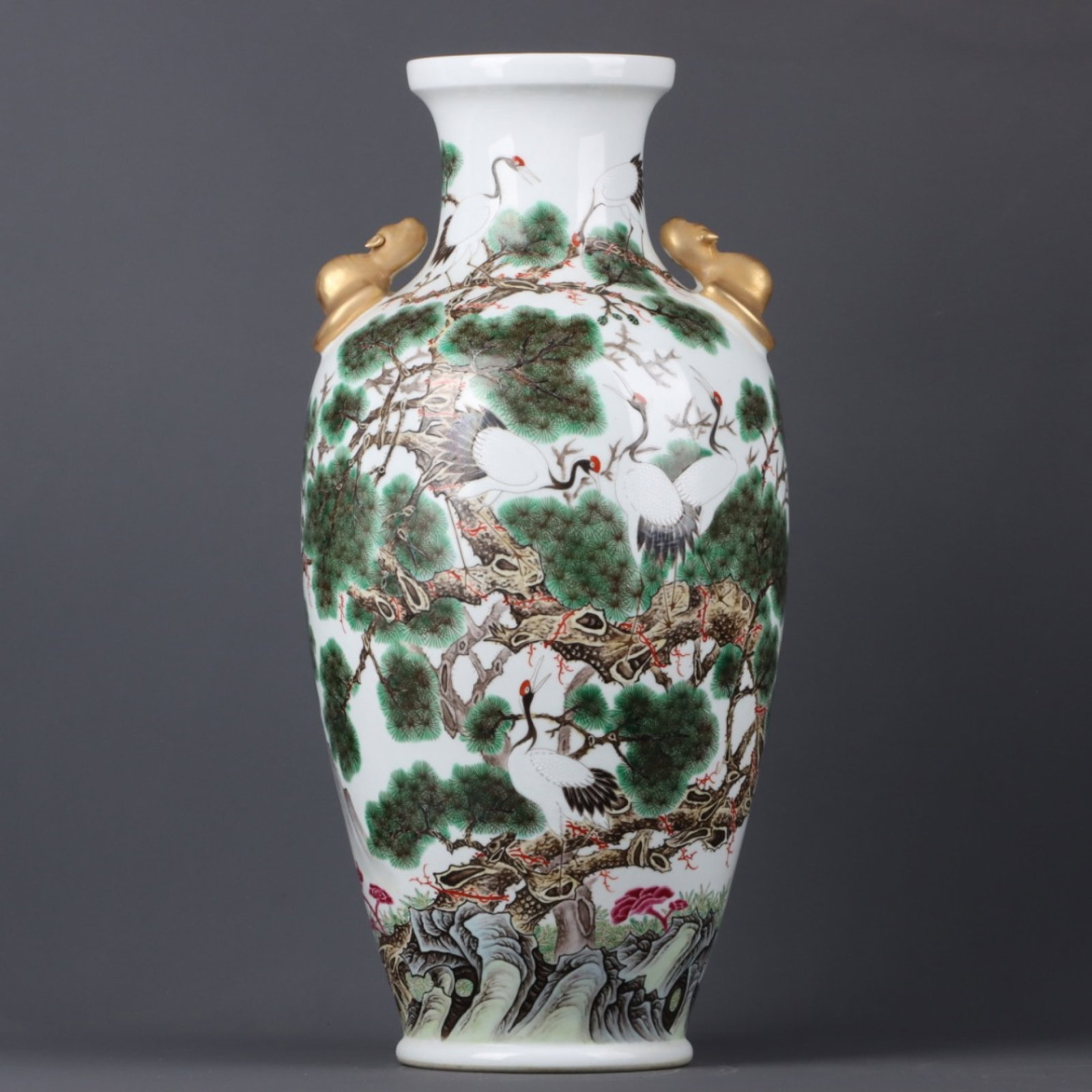 A Huge Enamel Gilt Pine and Crane Pattern Beast-Ears Vase,with poem: A Huge Enamel Gilt Pine and Crane Pattern Beast-Ears Vase,with poem,Qing Dynasty,China,Qianlong Six-character Mark,Size:18.5inx9.4in 珐琅彩鎏金松鹤纹