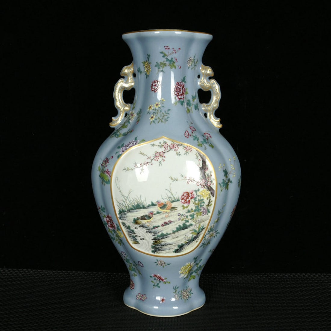 A Rare Enamel Painted Gold Flower and Mandarin Duck Pattern Double-Ears Vase (1 of 9)