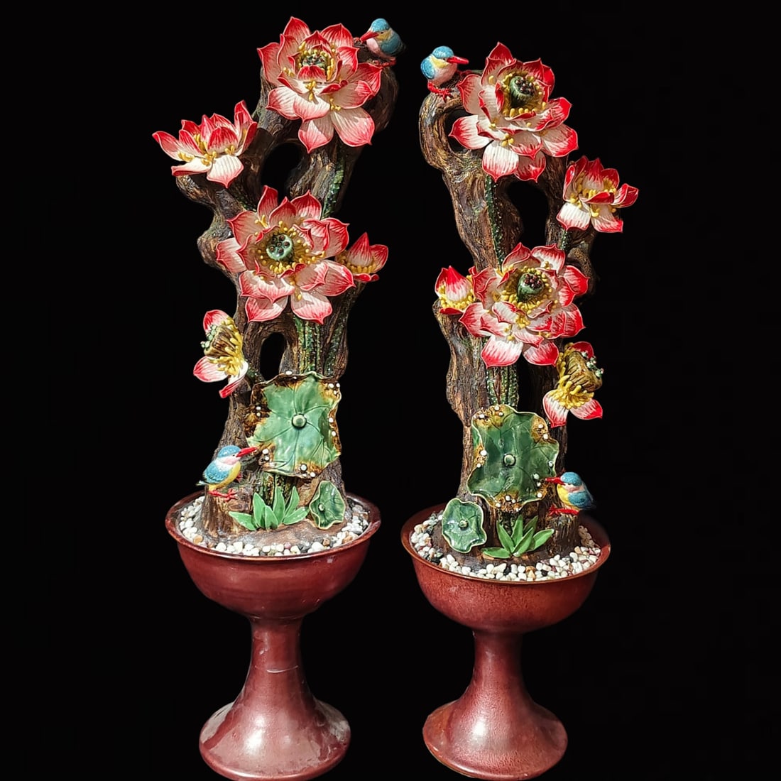 A Pair of Huge Shiwan yao Lotus Ornaments: A Pair of Huge Shiwan yao Lotus Ornaments,the Republic of China,With Mark,Size:34.3in 一对石湾窑荷花摆件,中国民国时&