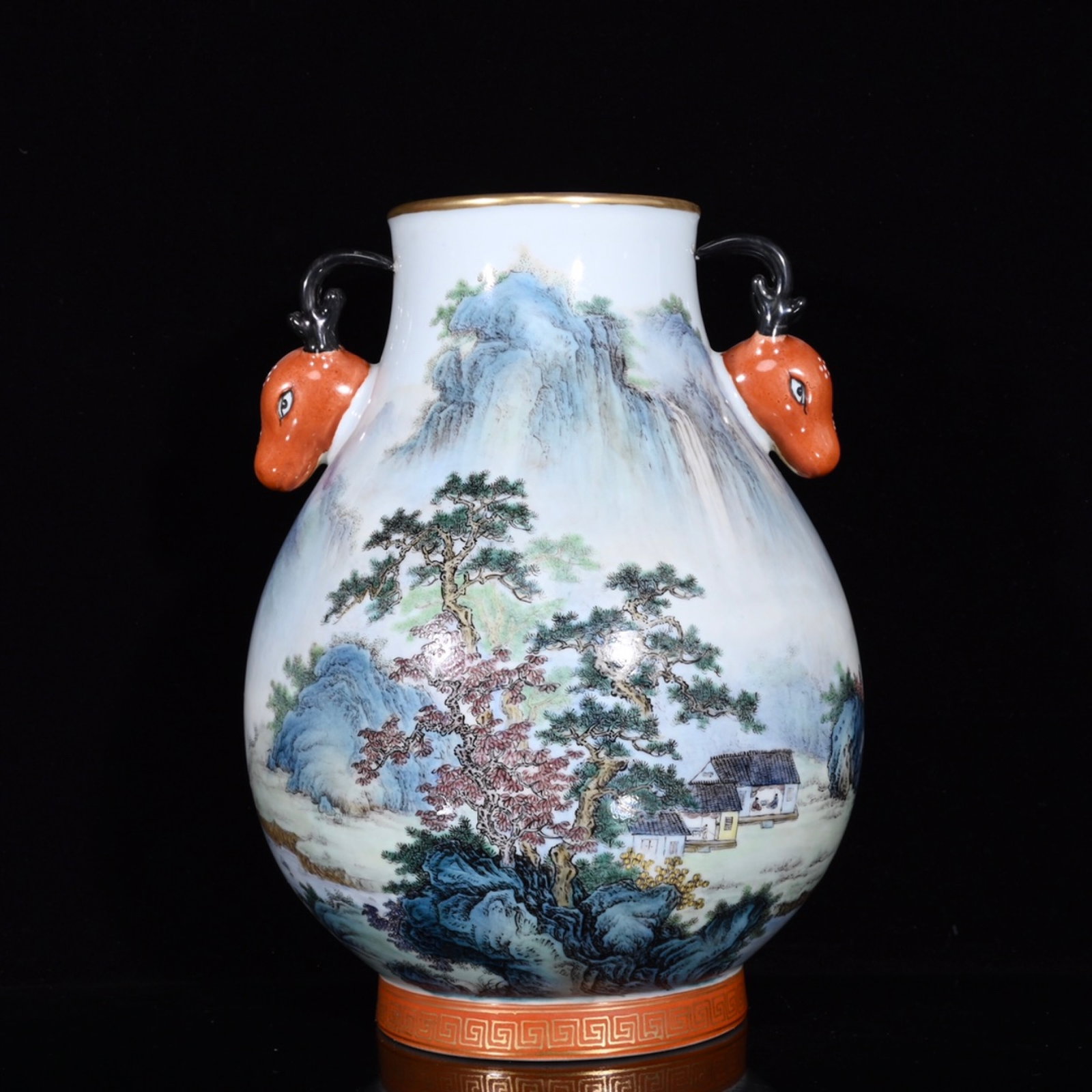 An Exquisite Light Crimson Color Landscape Pattern Deer-Ears Vase,with poem: An Exquisite Light Crimson Color Landscape Pattern Deer-Ears Vase,with poem,Qing Dynasty,China,Qianlong Six-character Mark,Size:10.4inx7.9in 浅绛彩山水纹鹿