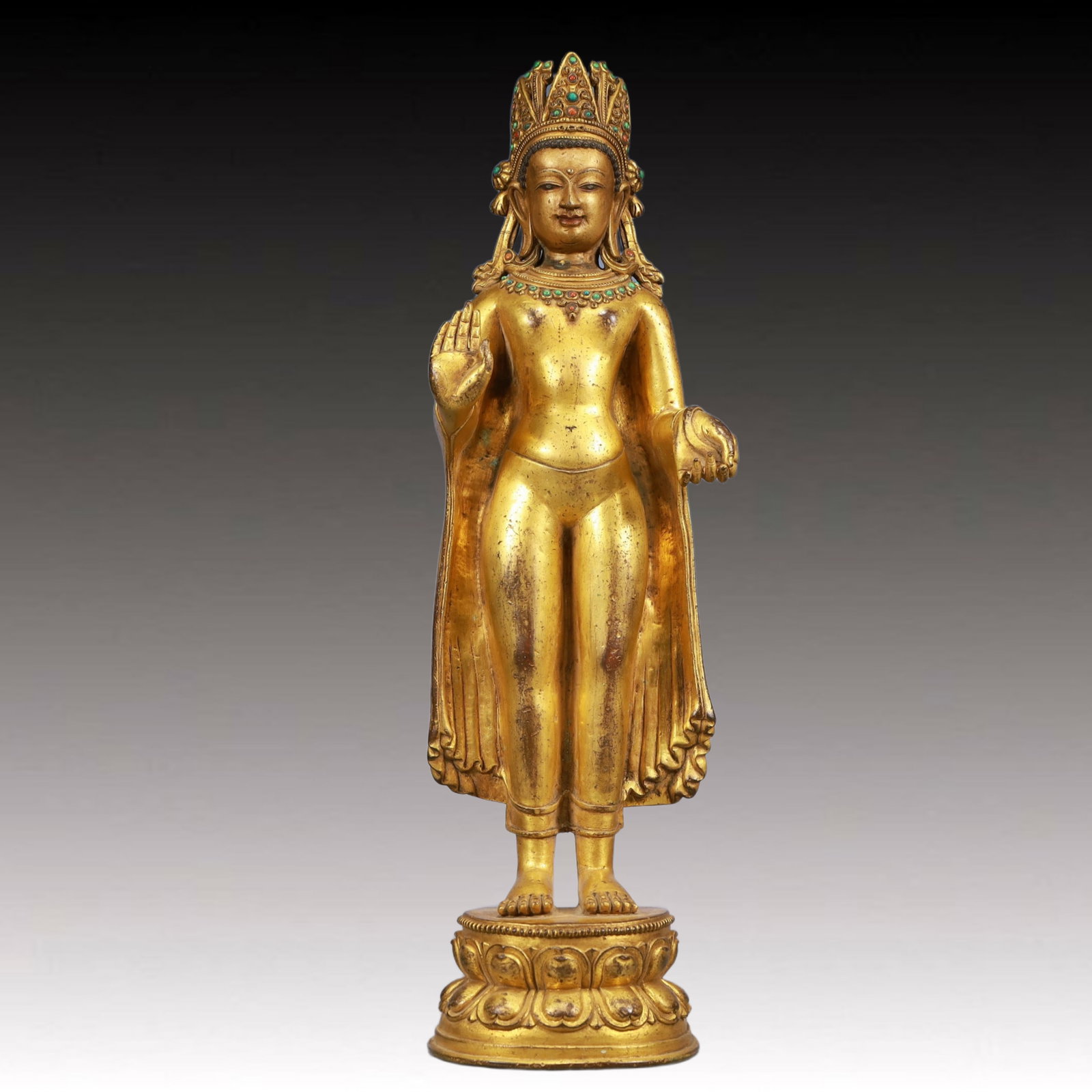 A Solemn Gilt Bronze Statue of Avalokitesvara, Inlaid Gems, With Inscription: A Solemn Gilt Bronze Statue of Avalokitesvara, Inlaid Gems, With Inscription, Ming Dynasty, China, Size:5.3inx3.9inx17.7in, Weight:4950g