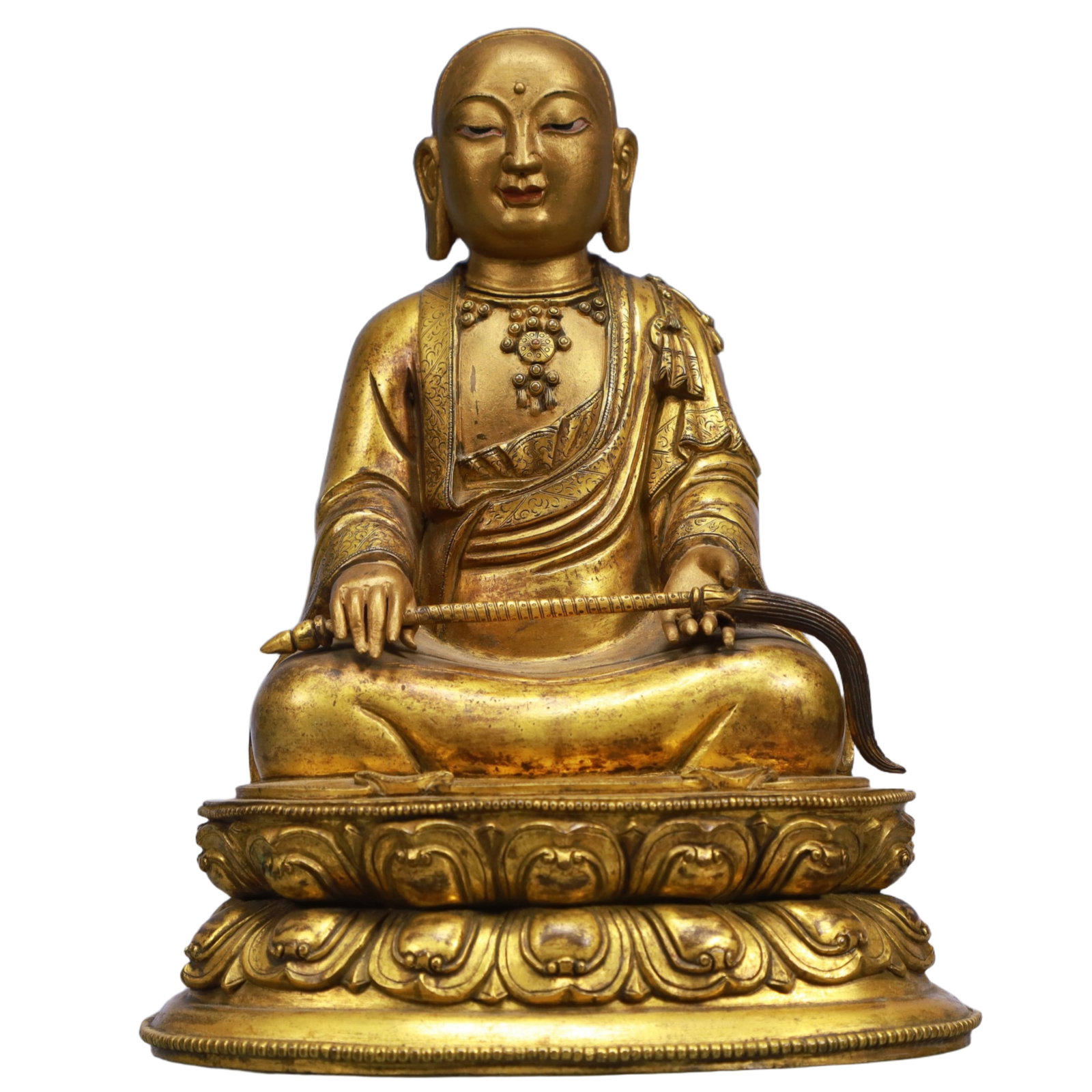 A Solemn Gilt Bronze Statue of Guru: A Solemn Gilt Bronze Statue of Guru,Qing Dynasty, China,Size:6.9inx5.5inx8.7in,Weight:3200g 铜鎏金上师像,中国清代