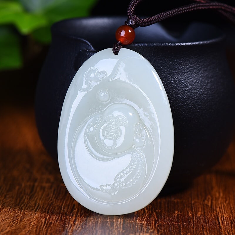 An Exquisite White Jade Statue of Maitreya Buddha Pendant: An Exquisite White Jade Statue of Maitreya Buddha Pendant,Size:1.4inx2in 白玉弥勒佛像挂件