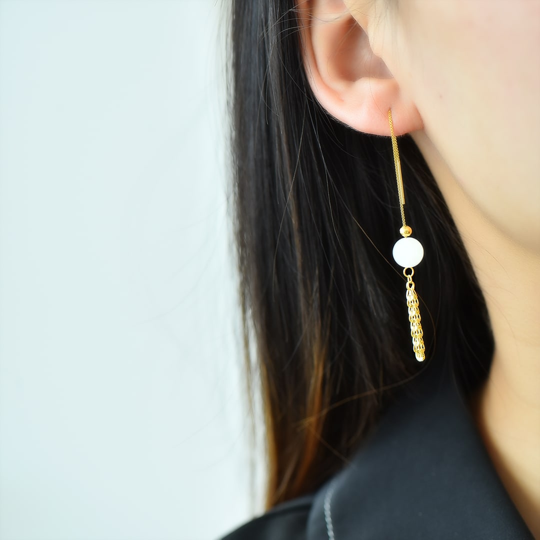 A Pair of Exquisite Sterling Silver-Gold Plated Inlaid White Jade Earrings: A Pair of Exquisite Sterling Silver-Gold Plated Inlaid White Jade Earrings,Size:0.3inx0.3in 一对纯银镀金镶白玉耳环