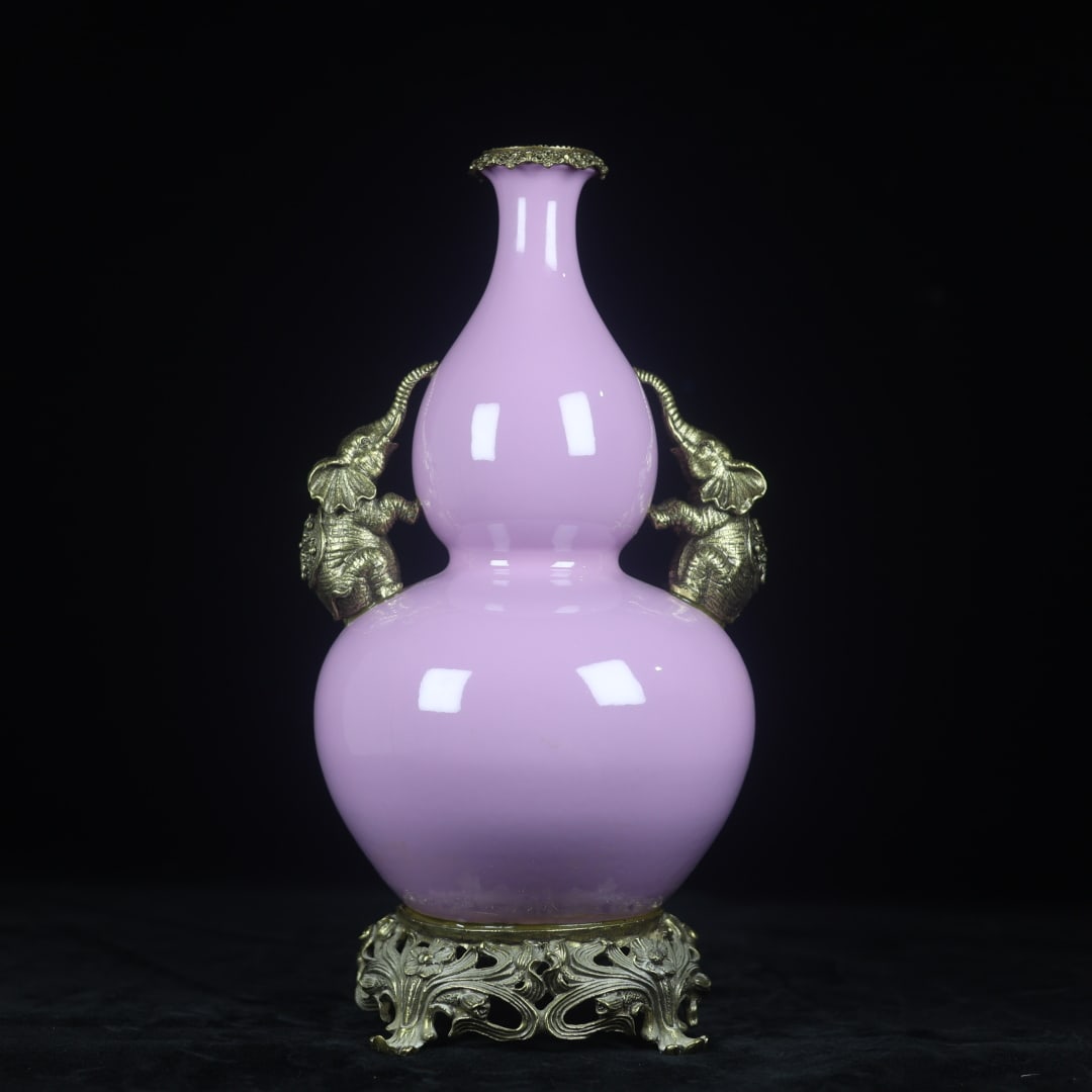 An Exquisite Famille-Rose Inlaid Bronze Gourd-Shaped Double-Ears Vase: An Exquisite Famille-Rose Inlaid Bronze Gourd-Shaped Double-Ears Vase Qing Dynasty, China Yongzheng Six-character Mark