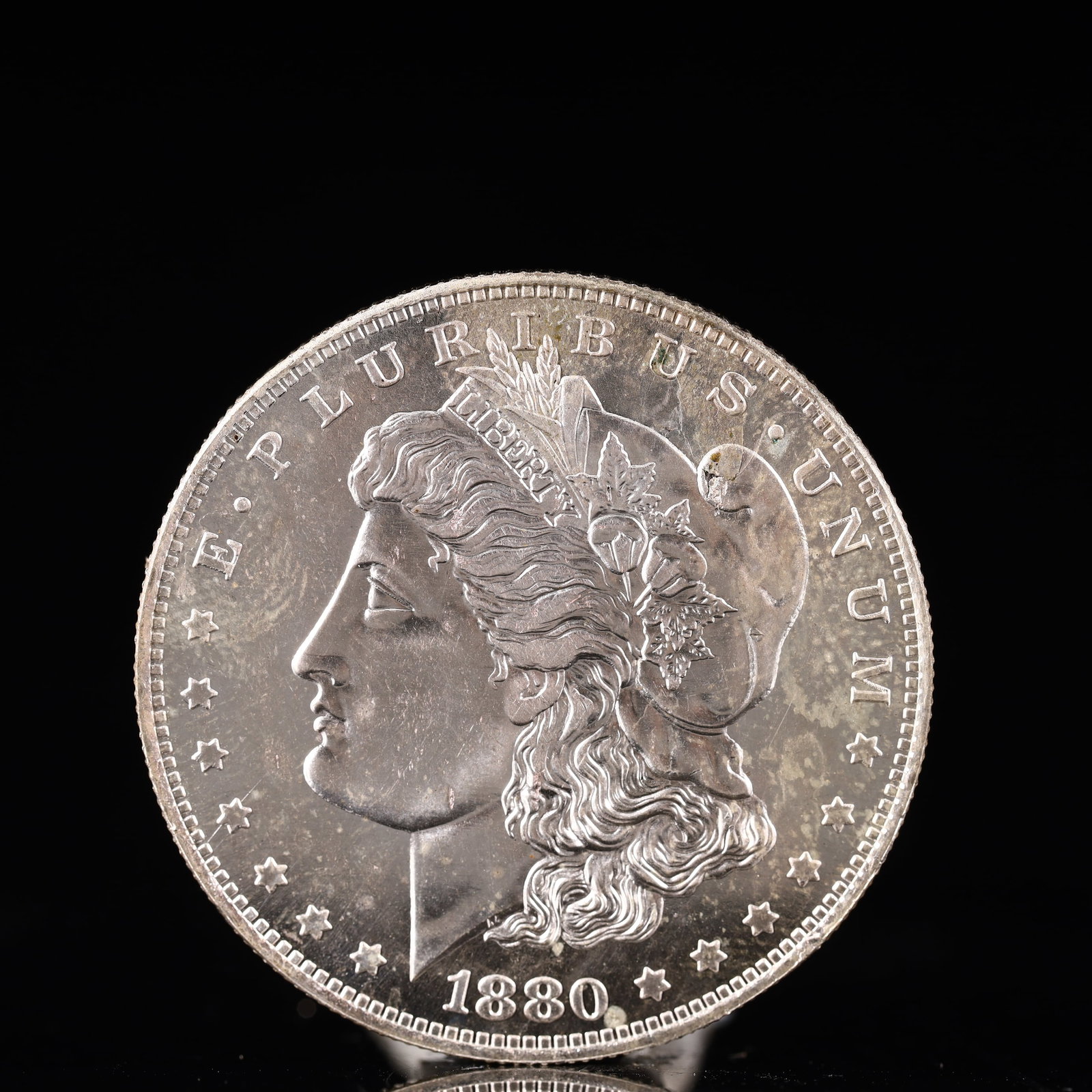 USA Morgan Dollar 1880 Coin: Obv: profile bust with date below and E PLURIBUS UNUM legend and stars around. Rev: eagle with In God we trust above within wreath with UNITED STATES OF AMERICA ONE DOLLAR legend. IN GOD WE TRUST / LI