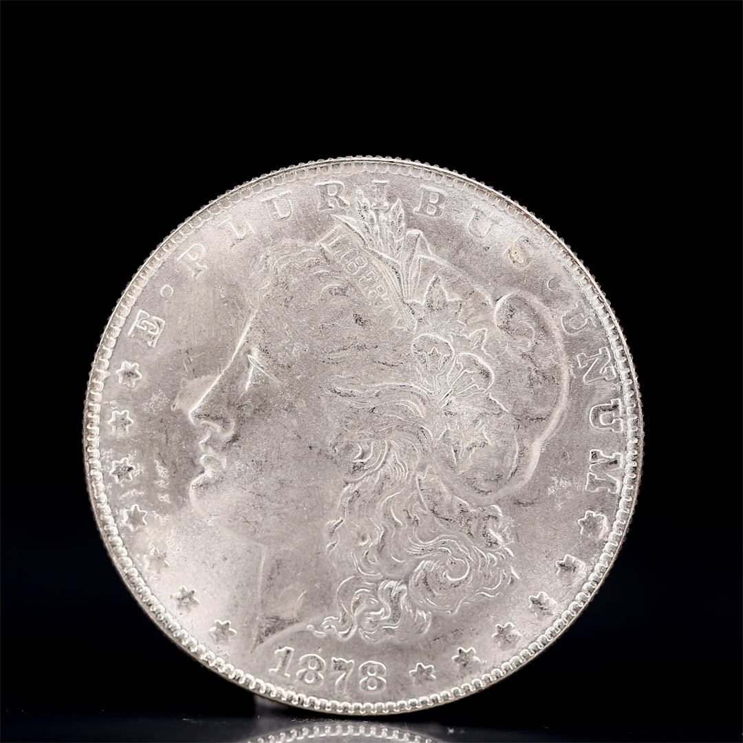 USA Morgan Dollar 1878 Coin: Obv: profile bust with date below and E PLURIBUS UNUM legend and stars around. Rev: eagle with In God we trust above within wreath with UNITED STATES OF AMERICA ONE DOLLAR legend. IN GOD WE TRUST /