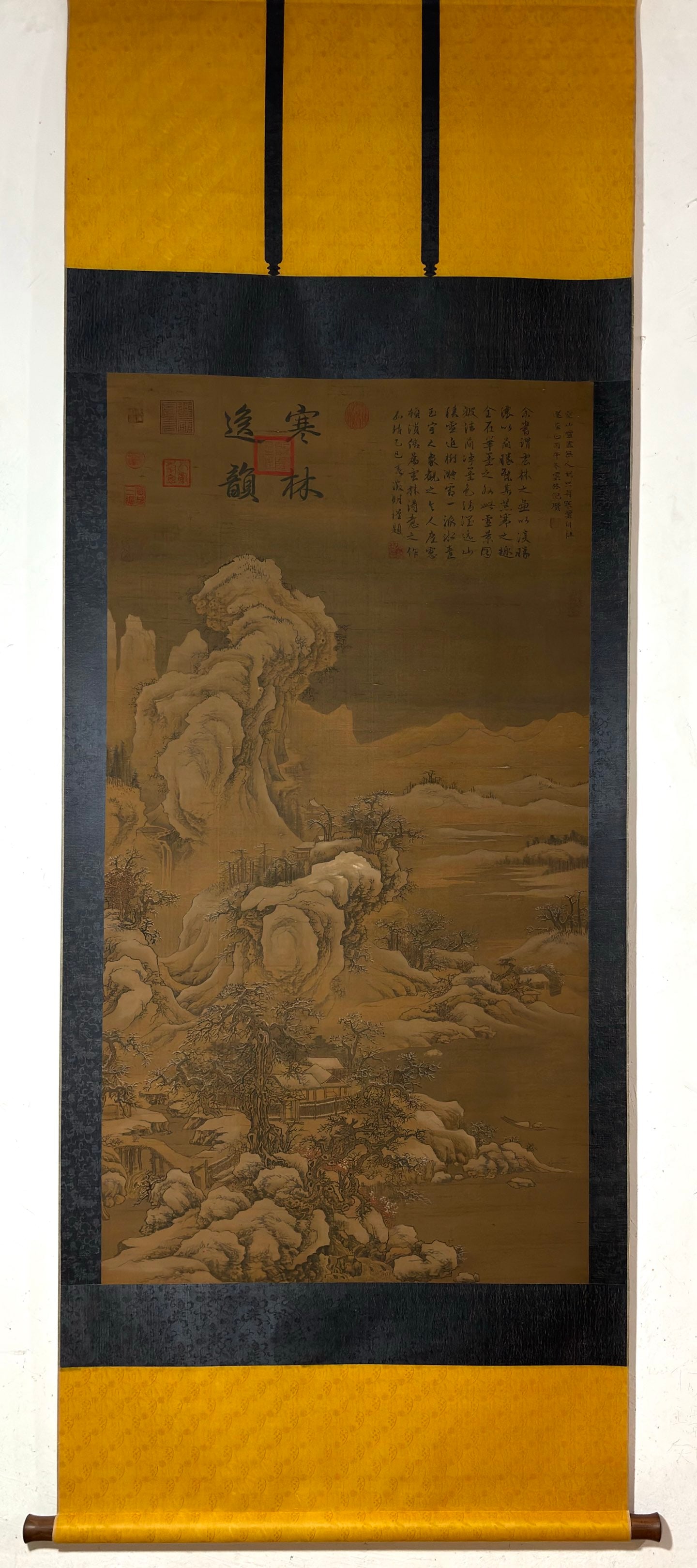 A Chinese Vertical Scroll Ink Painting of Landscape on Silk: A Chinese Vertical Scroll Ink Painting of Landscape on Silk Ni zan Without frame Size:51.2inx27.4in倪瓒山水图 绢本立轴Without frame Size:130cmx69.