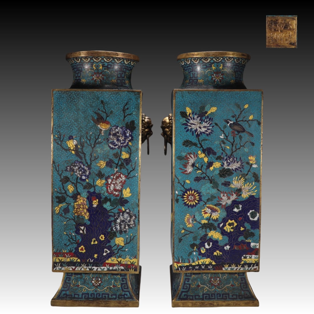 A Pair of Exquisite Cloisonne Lotus Pattern Flower and Bird Pattern Double-Ears Vase: A Pair of Exquisite Cloisonne Lotus Pattern Flower and Bird Pattern Double-Ears Vase Qing Dynasty, China Qianlong Six-character Mark Size:24.6inx8.7in