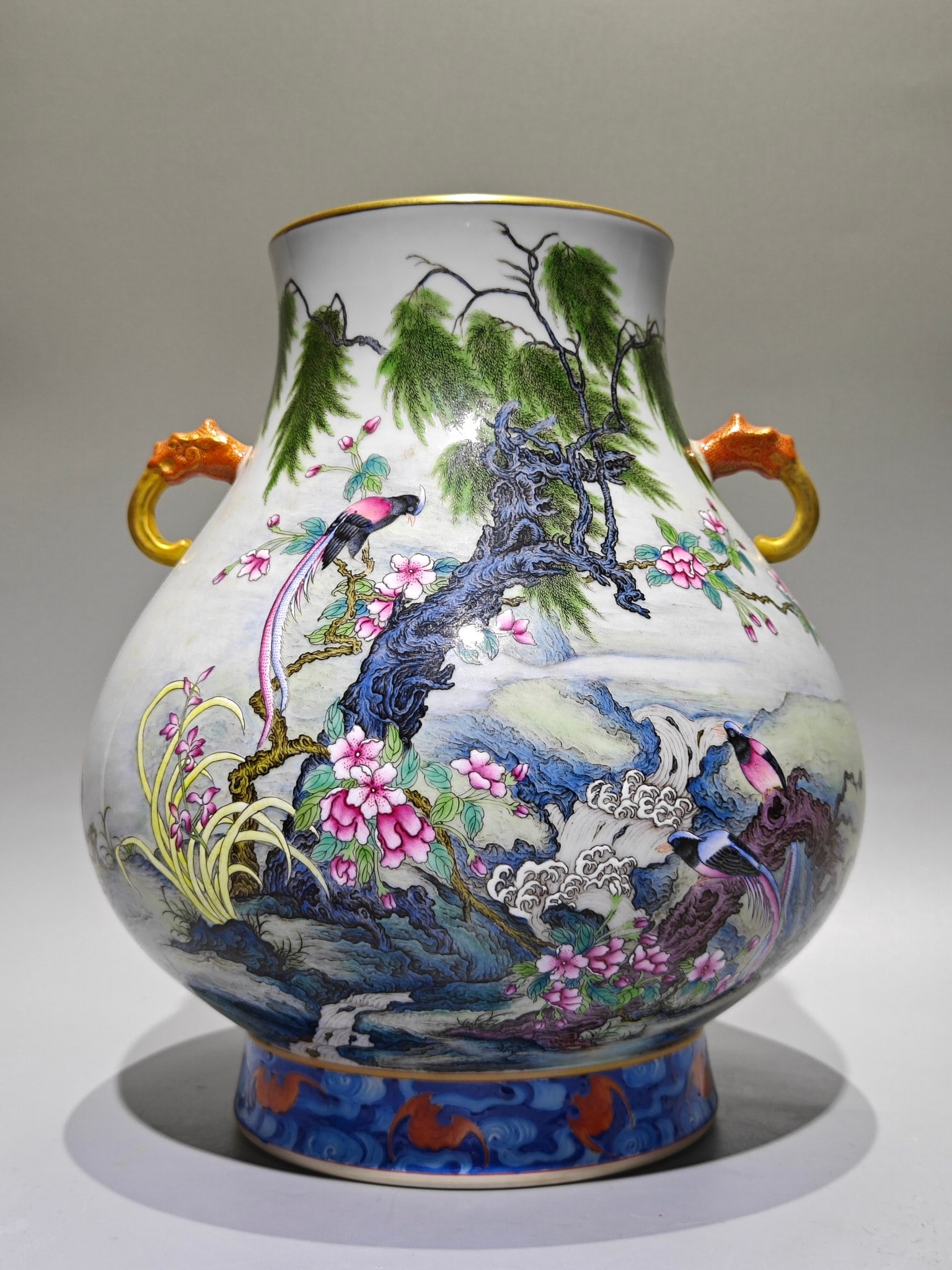 An Exquisite Enamel Flower and Bird Pattern with poem Double-Ears Vase: An Exquisite Enamel Flower and Bird Pattern with poem Double-Ears Vase Qing Dynasty, China Yongzheng Six-character Mark