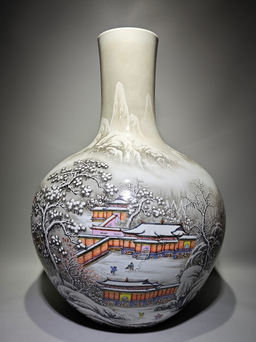 An Exquisite Ink Color Landscape and Figure Pattern with poem Vase: An Exquisite Ink Color Landscape and Figure Pattern with poem Vase Qing Dynasty, China Qianlong Six-character Mark