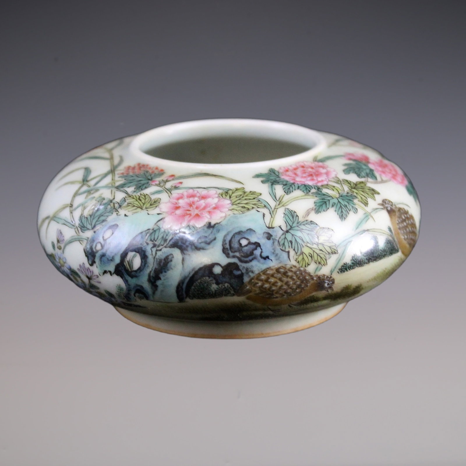 An Exquisite Famille-Rose Flower and Bird Pattern Brush Washer: An Exquisite Famille-Rose Flower and Bird Pattern Brush Washer Qing Dynasty, China Qianlong Four-character Mark