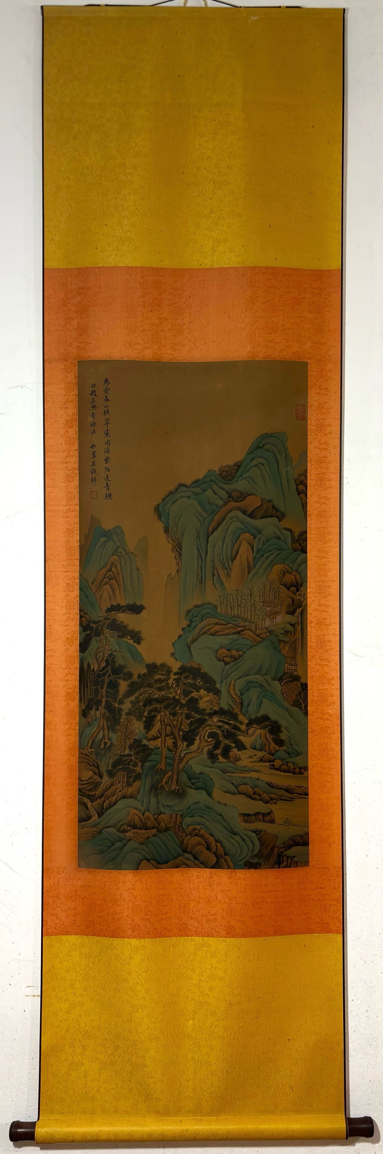 A Chinese Vertical Scroll Ink Painting of Landscape on Silk: A Chinese Vertical Scroll Ink Painting of Landscape on Silk Wu guxiang Without frame Size:37.8inx17.3in吴穀祥青绿山水图 绢本立轴