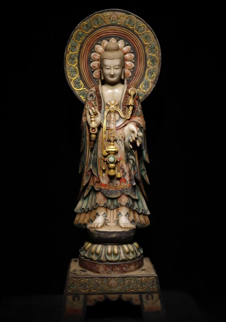 A Exquisite Marble Buddha statue Ornament: A Exquisite Marble Buddha statue Ornament Ancient Time, China Size:59.8inx19.3inx13.8in汉白玉彩绘大佛满彩绘佛像