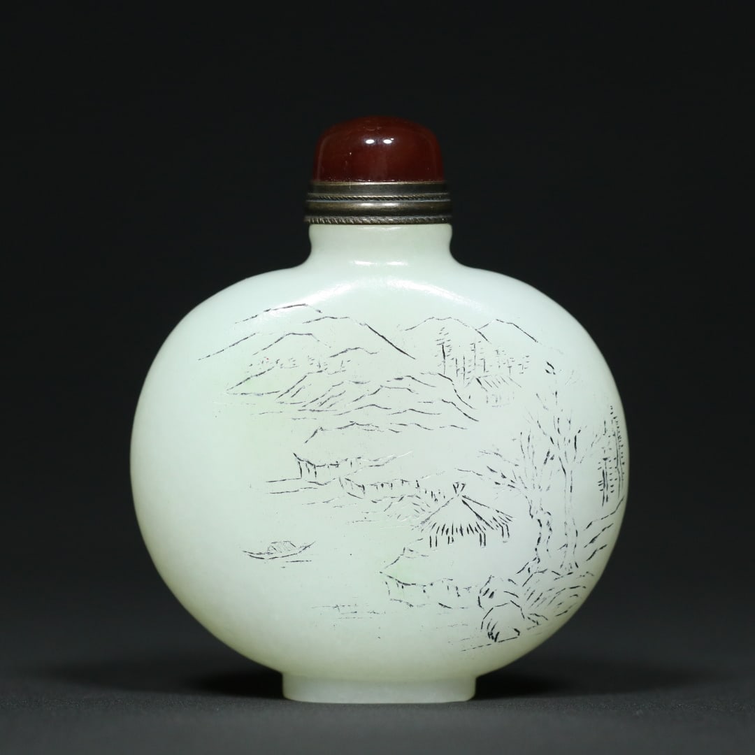 An Exquisite White Jade Landscape Pattern with poem Snuff Bottle: An Exquisite White Jade Landscape Pattern with poem Snuff Bottle Qing Dynasty, China Size:2.6inx2.2inx0.8in Weight:83.6g白玉山水诗文鼻烟壶