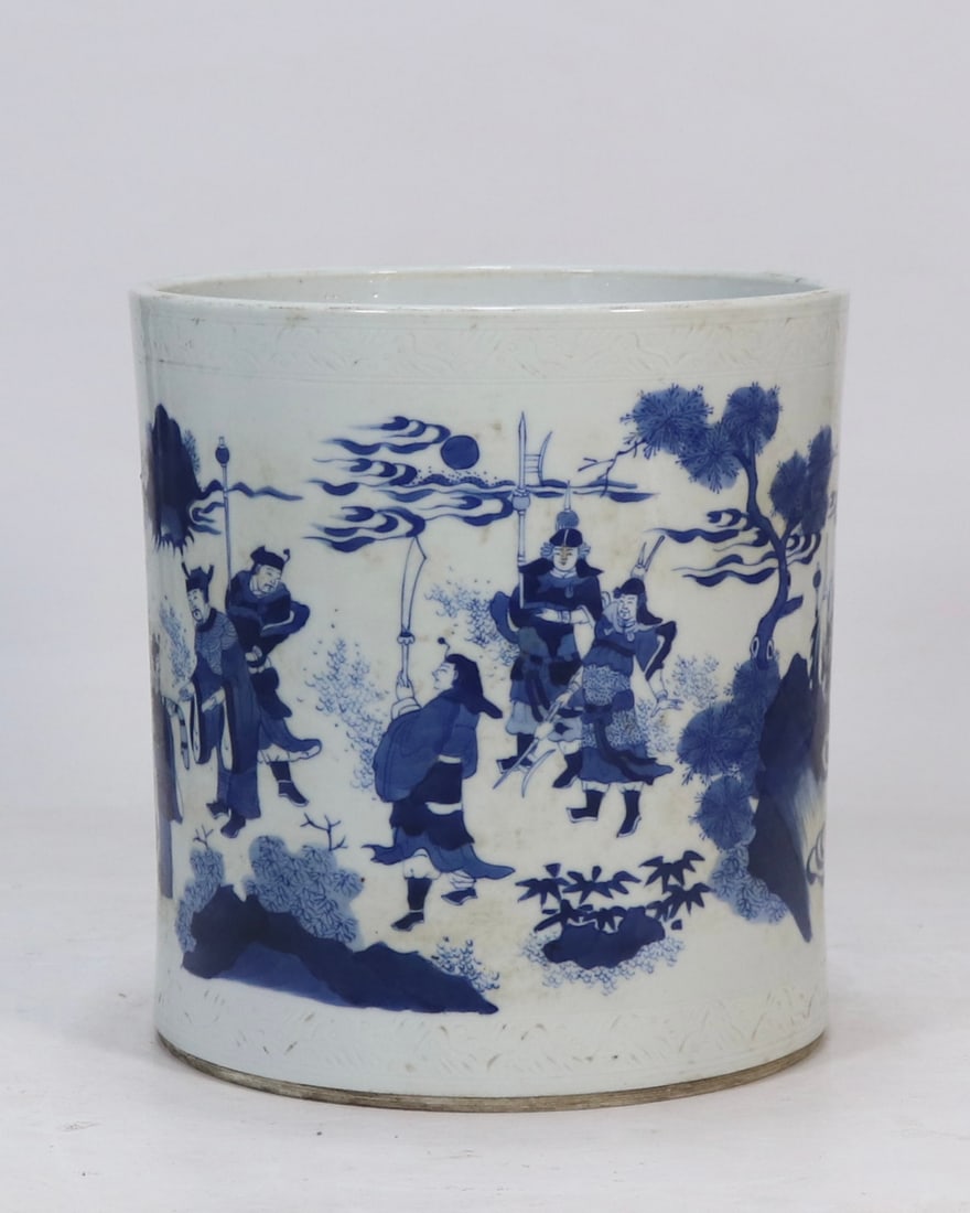 An Exquisite Blue and White Character and Story Pattern Brush Pot: An Exquisite Blue and White Character and Story Pattern Brush Pot Ming Dynasty, China Size:8.3inx7.9in青花人物故事图笔筒 中国明&