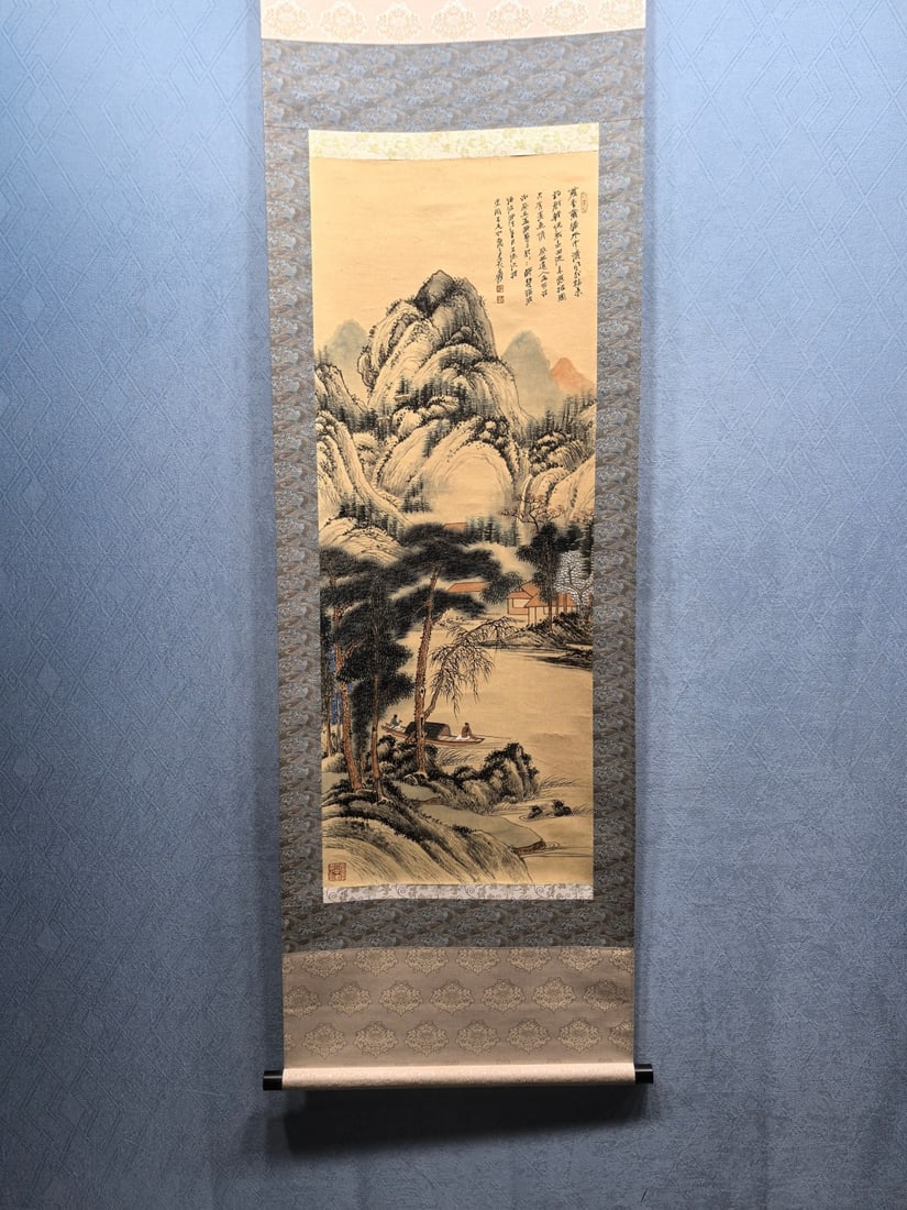 A Chinese Vertical Scroll Ink Painting of Landscape and Figure on Paper (1 of 9)