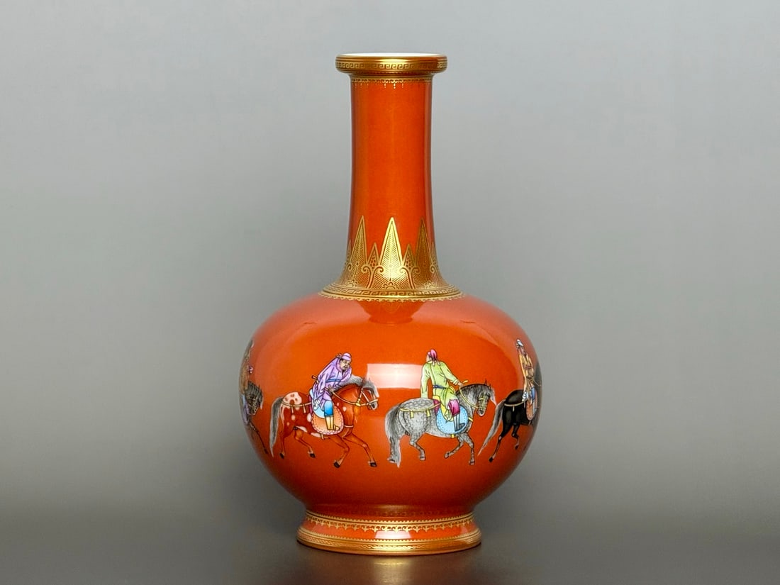 An Exquisite Iron-Red Painted Gold Character and Story Pattern Vase: An Exquisite Iron-Red Painted Gold Character and Story Pattern Vase Qing Dynasty, China Qianlong Six-character Mark