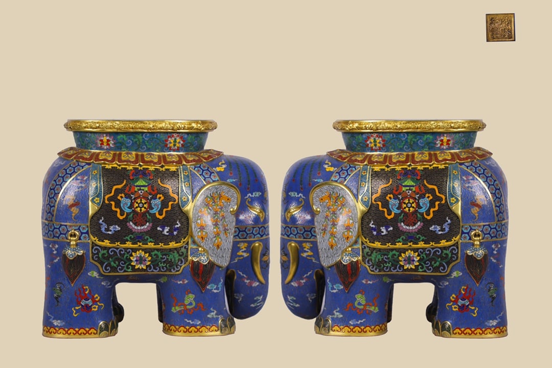A Pair of Exquisite Cloisonne Eight Treasures Pattern Bats and Peach Pattern Lotus Pattern: A Pair of Exquisite Cloisonne Eight Treasures Pattern Bats and Peach Pattern Lotus Pattern Elephant-Shaped Stool Qing Dynasty, China Qianlong Four-character Mark Size:15inx16.3inx11in