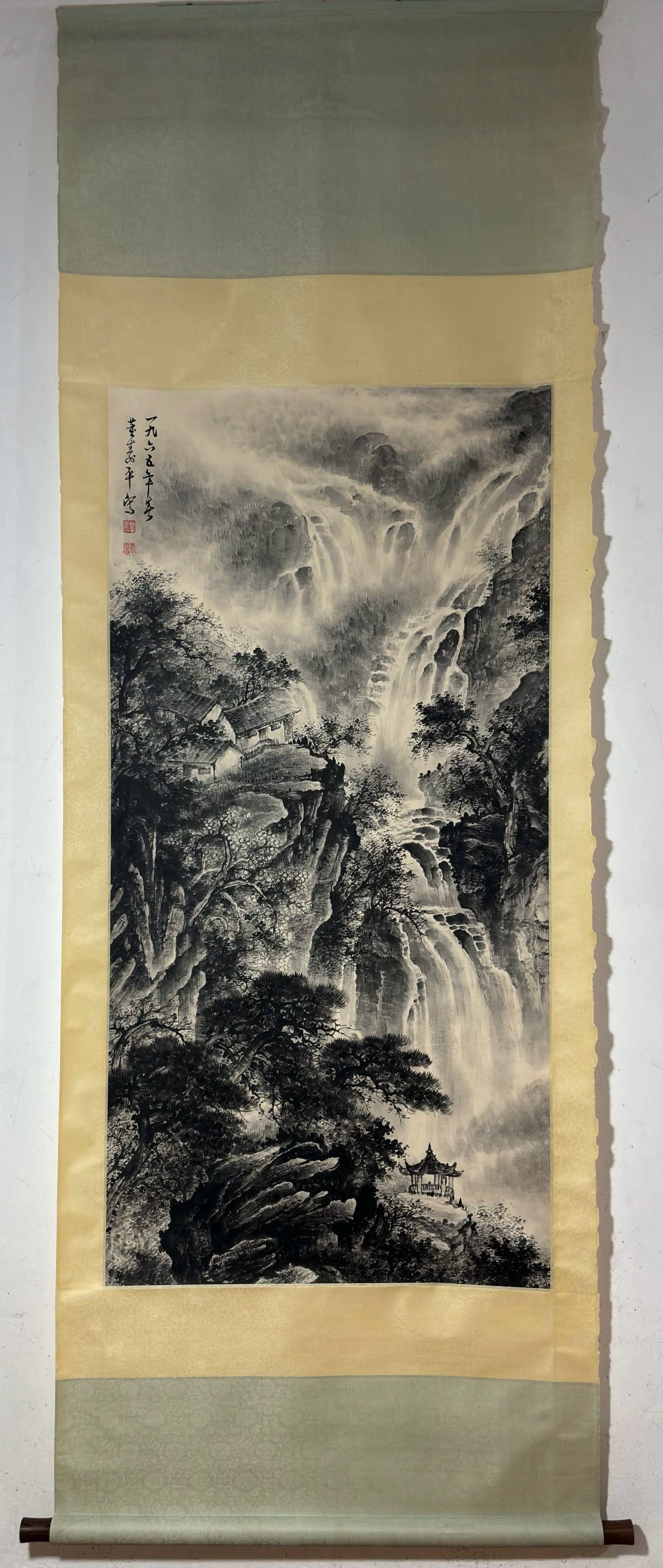 A Chinese Vertical Scroll Ink Painting of Landscape on Paper: A Chinese Vertical Scroll Ink Painting of Landscape on Paper Dong shouping Without frame Size:52.6inx26in董寿平山水图 纸本立轴Without frame 