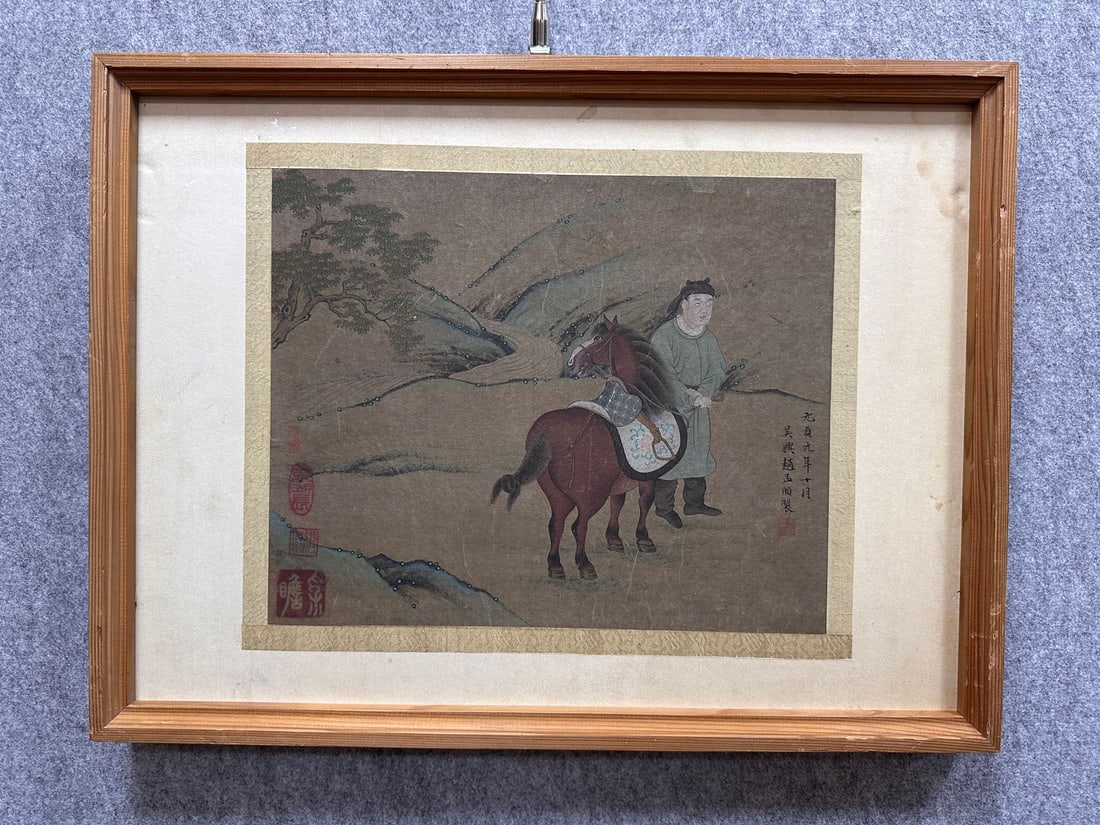 A Chinese Ink Painting of Figure Riding Horse on Paper With Frame: A Chinese Ink Painting of Figure Riding Horse on Paper With Frame Zhao mengfu Without frame Size:13.4inx10.6in Size:21.7inx16.1in赵孟頫人物骑马 纸ੑ
