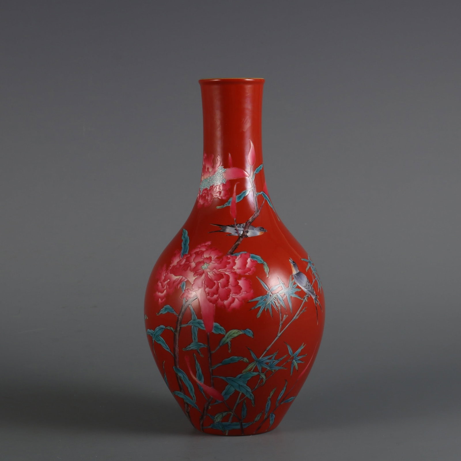 An Exquisite Enamel Coral Red Glazed Flower and Bird Pattern Vase (1 of 9)