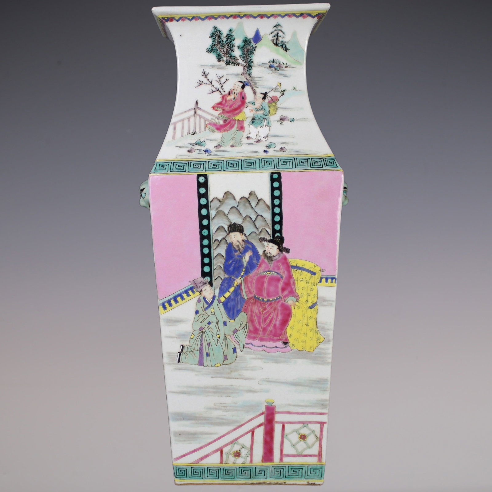 An Exquisite Famille-Rose Character and Story Pattern Double-Ears Vase: An Exquisite Famille-Rose Character and Story Pattern Double-Ears Vase Qing Dynasty, China Size:16.1inx5.1in粉彩人物故事方形瓶 中国
