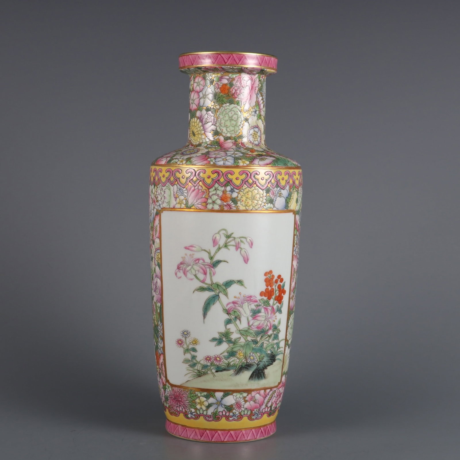 An Exquisite Famille-Rose Flower Pattern Vase: An Exquisite Famille-Rose Flower Pattern Vase Qing Dynasty, China Qianlong Six-character Mark