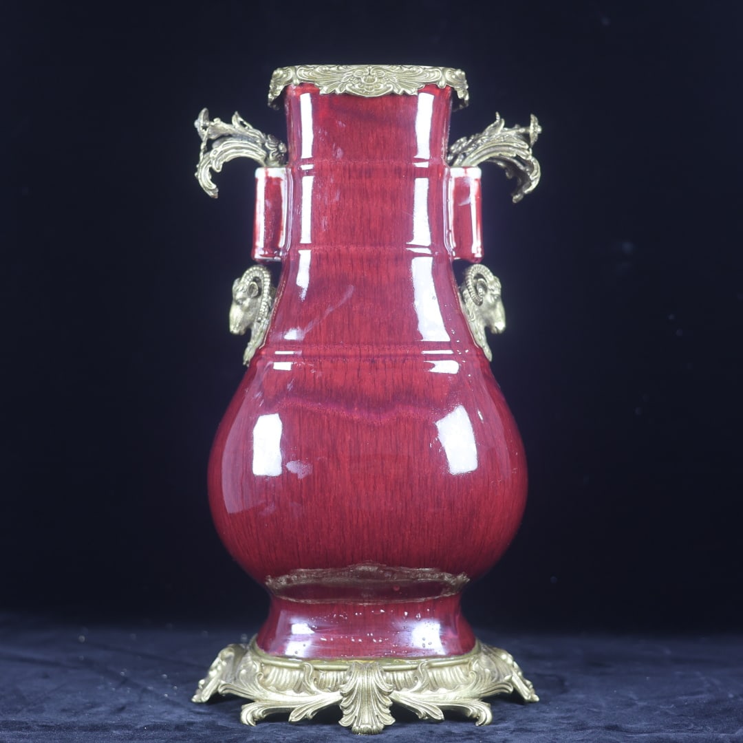 An Exquisite Flambe Glazed Inlaid Bronze Double-Ears Vase: An Exquisite Flambe Glazed Inlaid Bronze Double-Ears Vase Qing Dynasty, China Yongzheng Six-character Mark