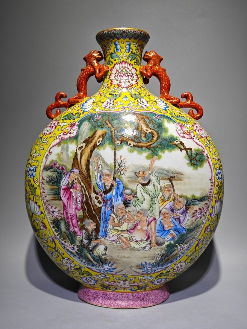 An Exquisite Enamel Lotus Pattern Character and Story Pattern Double-Ears Vase: An Exquisite Enamel Lotus Pattern Character and Story Pattern Double-Ears Vase Qing Dynasty, China Qianlong Four-character Mark