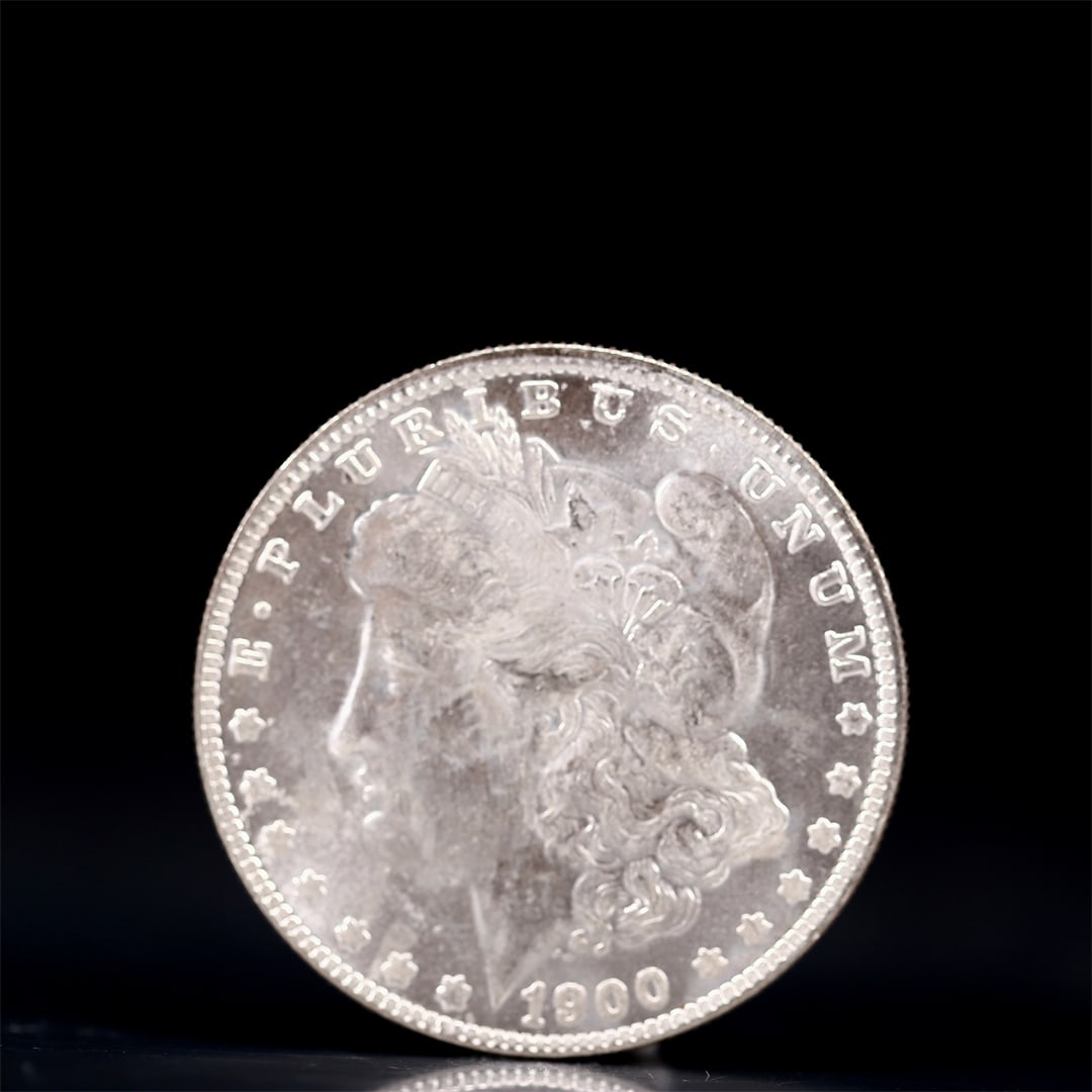 USA Morgan Dollar 1900 Coin: Obv: profile bust with date below and E PLURIBUS UNUM legend and stars around. Rev: eagle with In God we trust above within wreath with UNITED STATES OF AMERICA ONE DOLLAR legend. IN GOD WE TRUST / LI