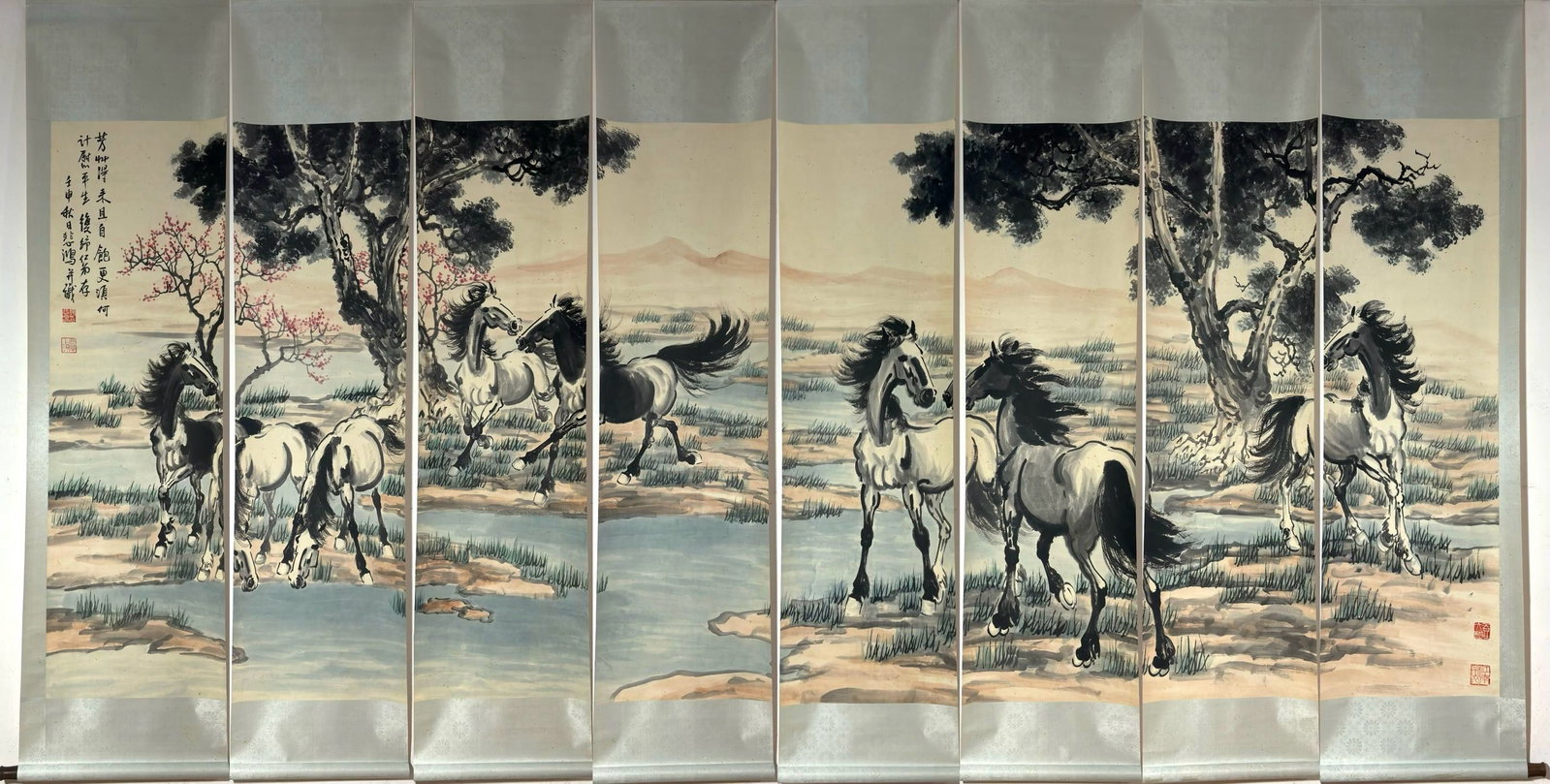 A Chinese Vertical Scroll Ink Painting of Horse on Paper: A Chinese Vertical Scroll Ink Painting of Horse on Paper Xu beihong entirety Size:75.6inx51mWithout frame Size:56.7inx17.3in徐悲鸿八骏图八条屏