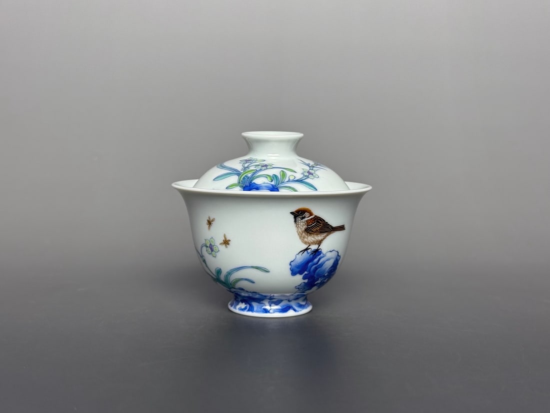 An Exquisite Blue and White Flower and Bird Pattern with poem Bowl: An Exquisite Blue and White Flower and Bird Pattern with poem Bowl Qing Dynasty, China Qianlong Four-character Mark Size:3.1inx3.5in青花加彩麻雀灵芝