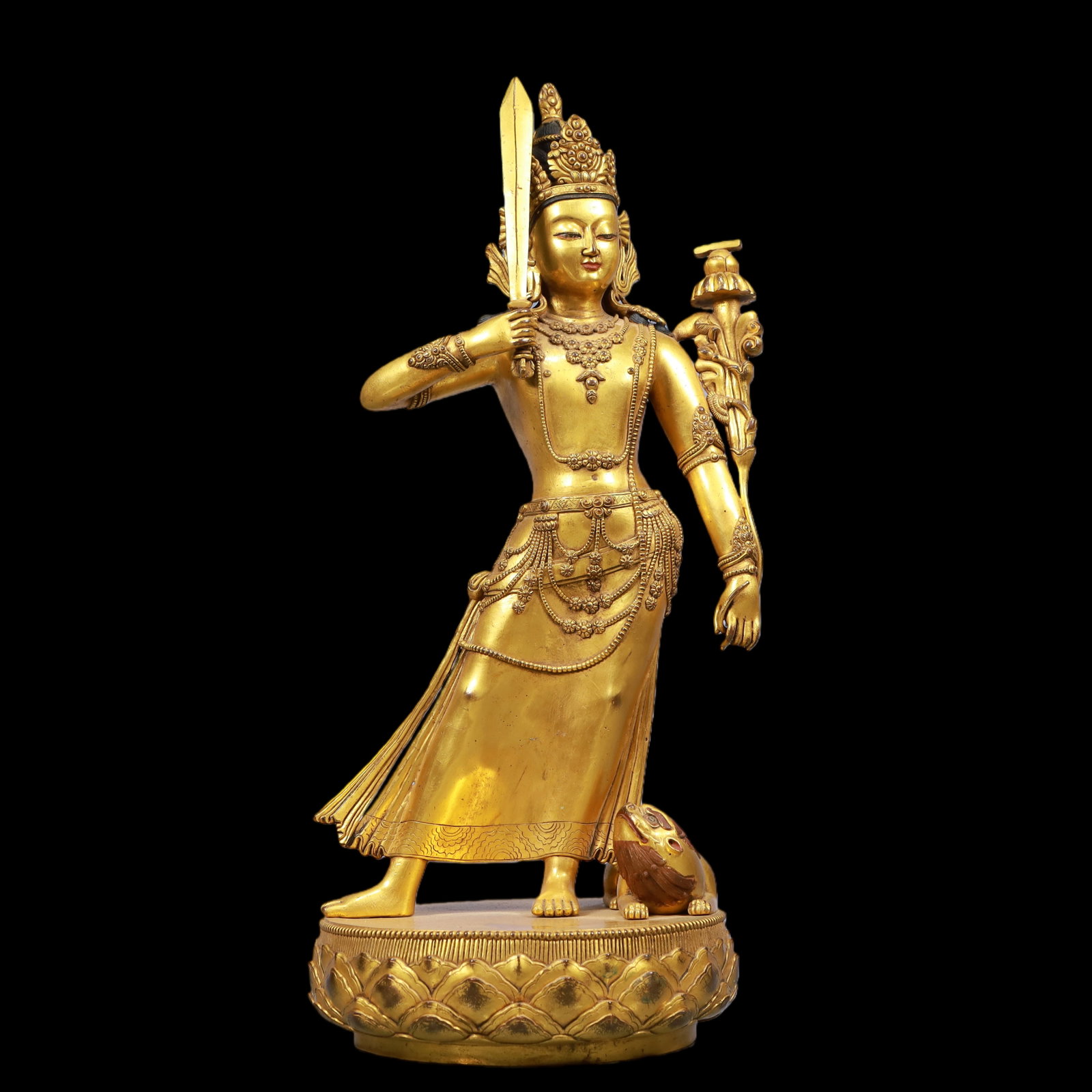 A Exquisite Gilt Bronze Statue of Manjusri: A Exquisite Gilt Bronze Statue of Manjusri Ming Dynasty, China Size:7.9inx17.3in Weight:6400g铜鎏金文殊菩萨佛像 中国明代