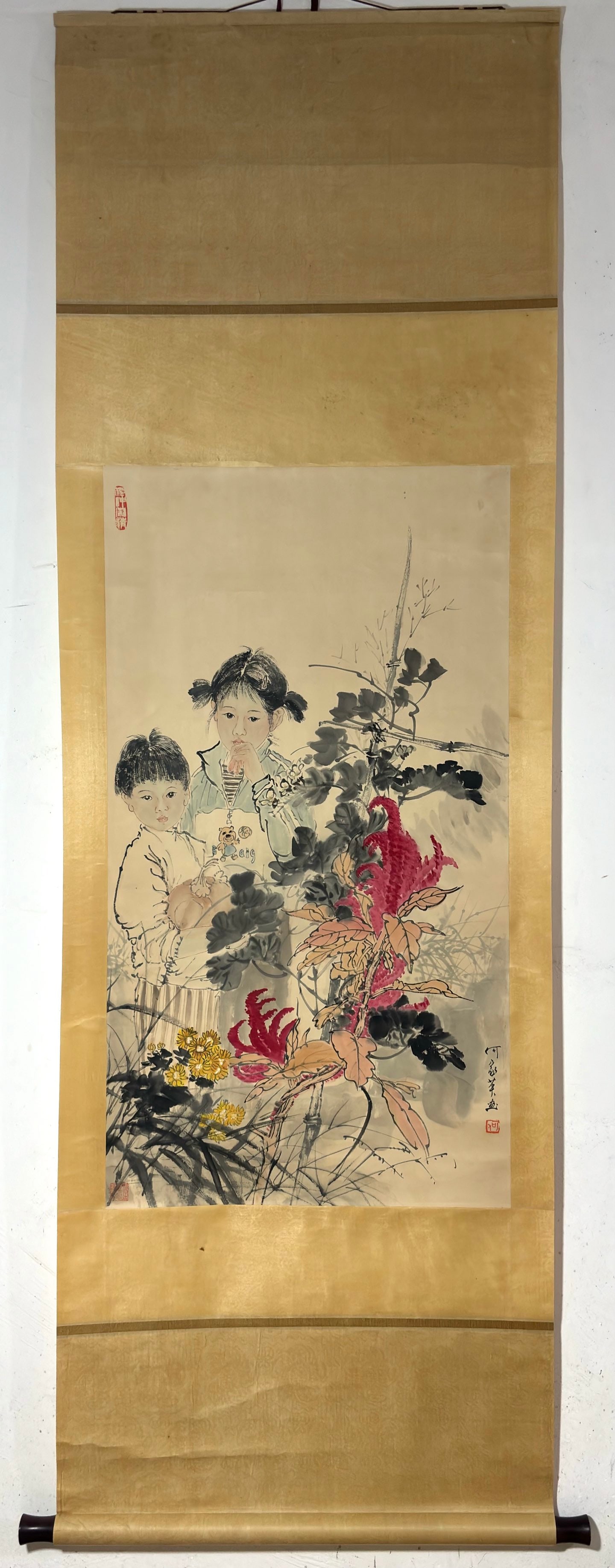 A Chinese Vertical Scroll Ink Painting of Character and Story on Paper: A Chinese Vertical Scroll Ink Painting of Character and Story on Paper He jiaying Without frame Size:37.4inx20.5in何家英人物图 纸本立轴Witho