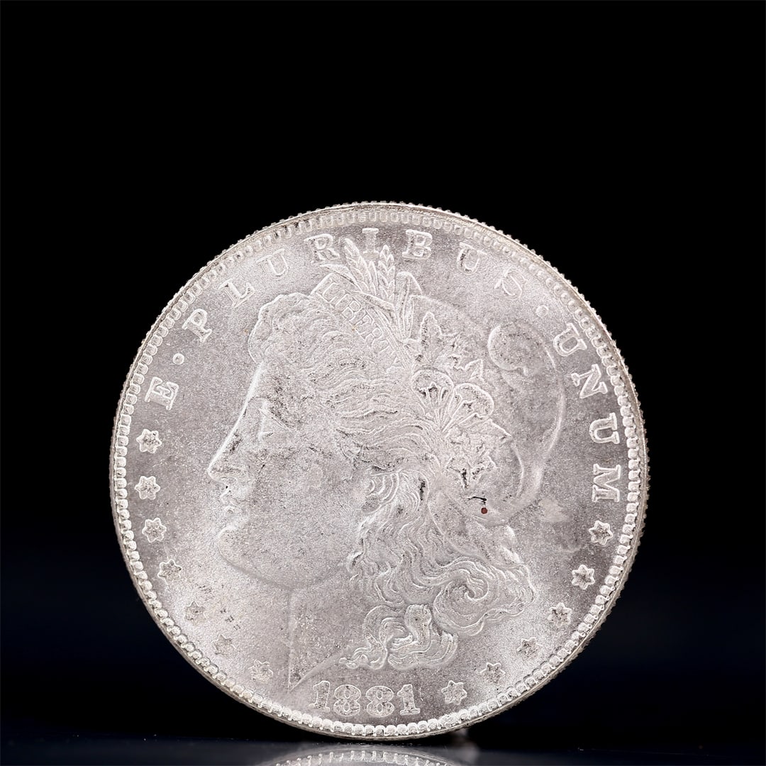 USA Morgan Dollar 1881 Coin: Obv: profile bust with date below and E PLURIBUS UNUM legend and stars around. Rev: eagle with In God we trust above within wreath with UNITED STATES OF AMERICA ONE DOLLAR legend. IN GOD WE TRUST /