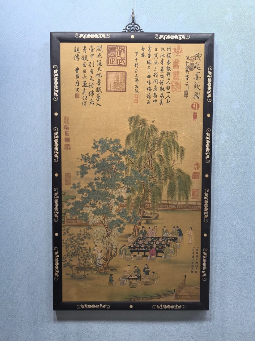A Chinese Ink Painting of Landscape and Figure on Silk With Frame: A Chinese Ink Painting of Landscape and Figure on Silk With Frame Song huizong Size:28.7inx50.2in宋徽宗柳庭宴飲图 绢本画框Size:7