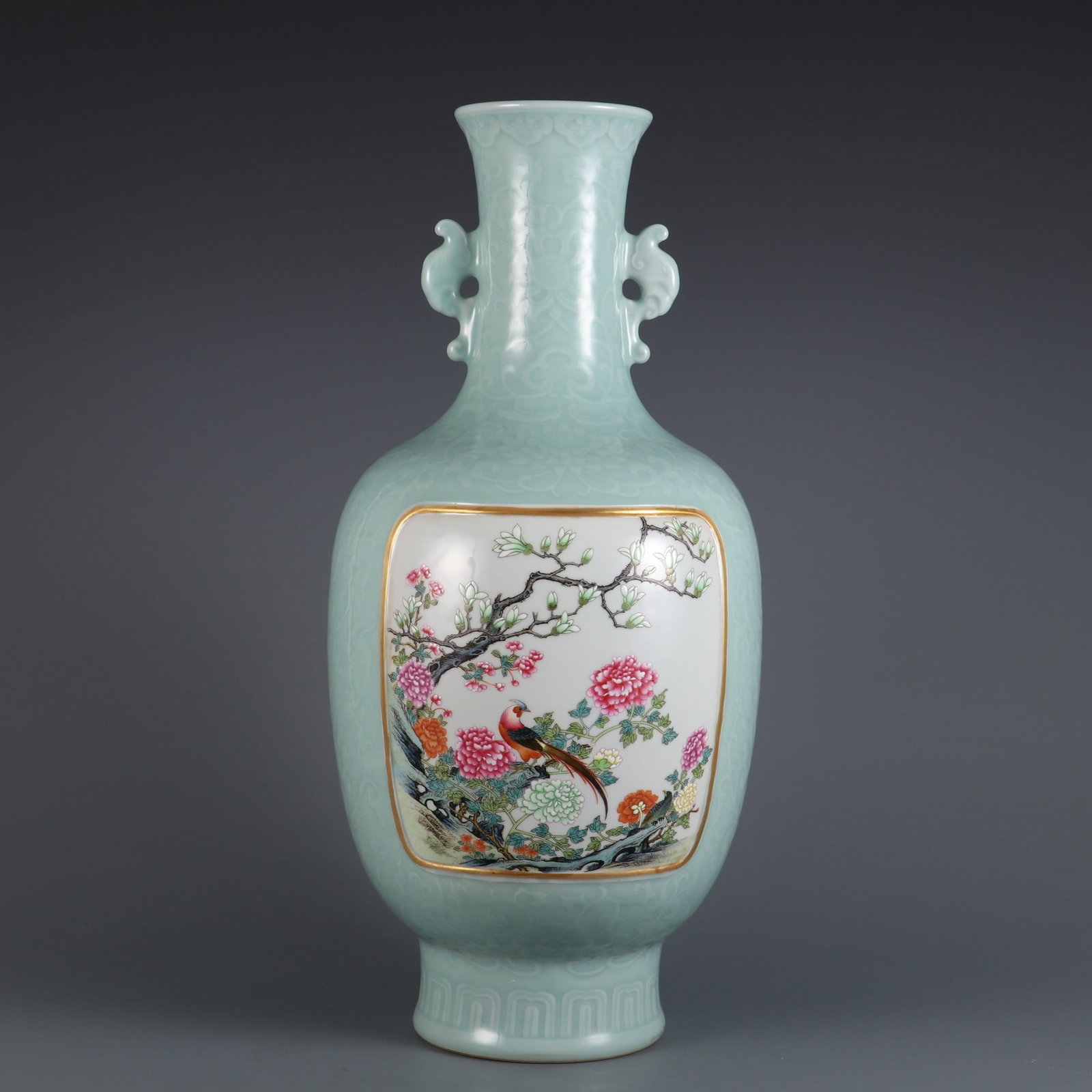 An Exquisite Famille-Rose Celadon Glazed Flower and Bird Pattern Double-Ears Vase: An Exquisite Famille-Rose Celadon Glazed Flower and Bird Pattern Double-Ears Vase Qing Dynasty, China Qianlong Six-character Mark Size:16.9inx7.3in豆青釉加粉彩ó