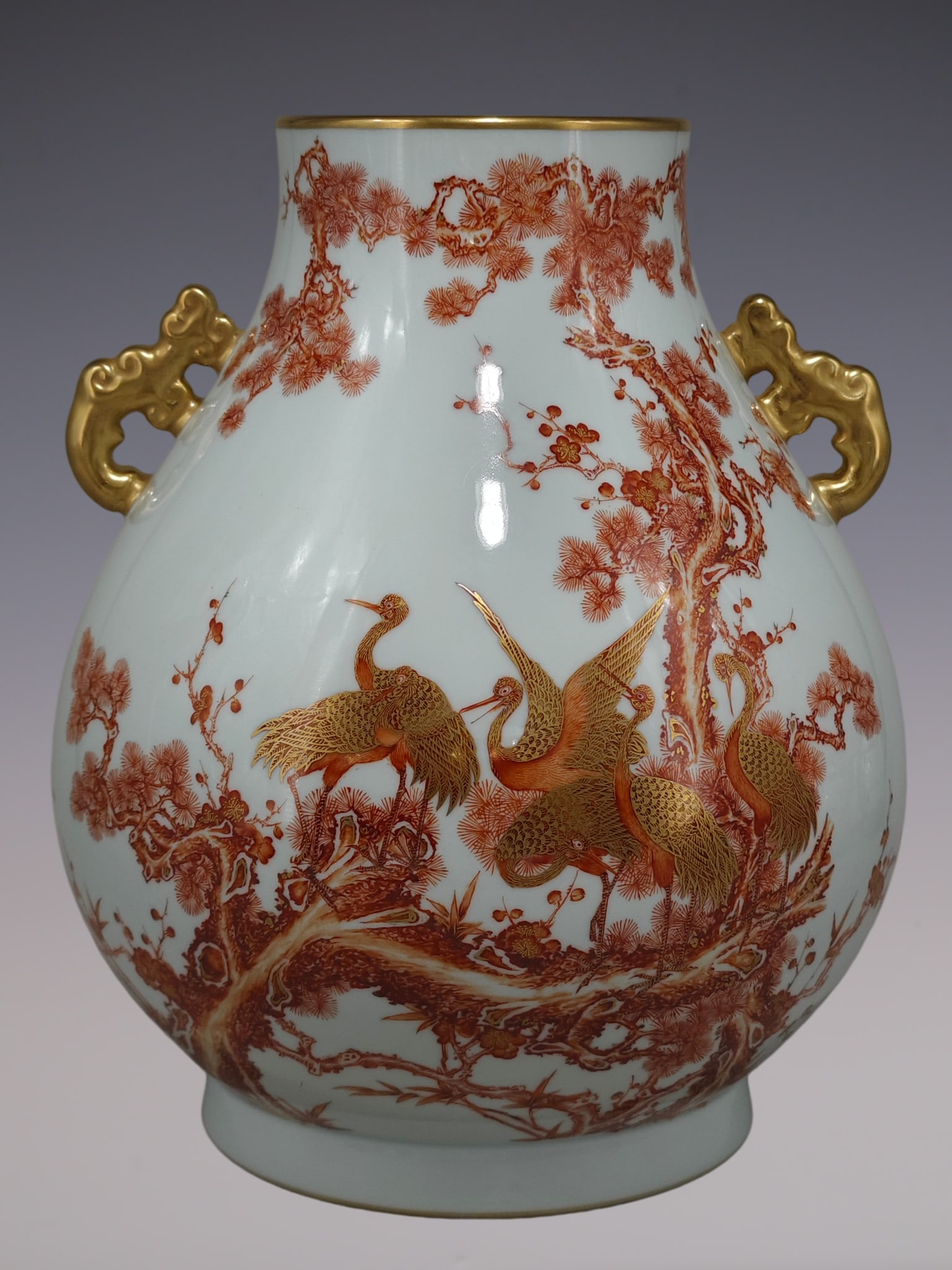 An Exquisite Iron-Red Painted Gold Pine and Crane Pattern Double-Ears Vase (1 of 7)